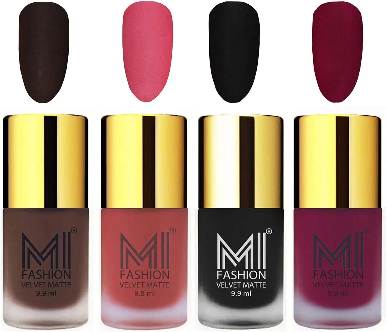 ست لاک مات مخملی اِم آی فشن، قهوه ای، هلویی روشن، مشکی، سرخابی، 9.9 میلی لیتر (مجموعه 4 عددی)