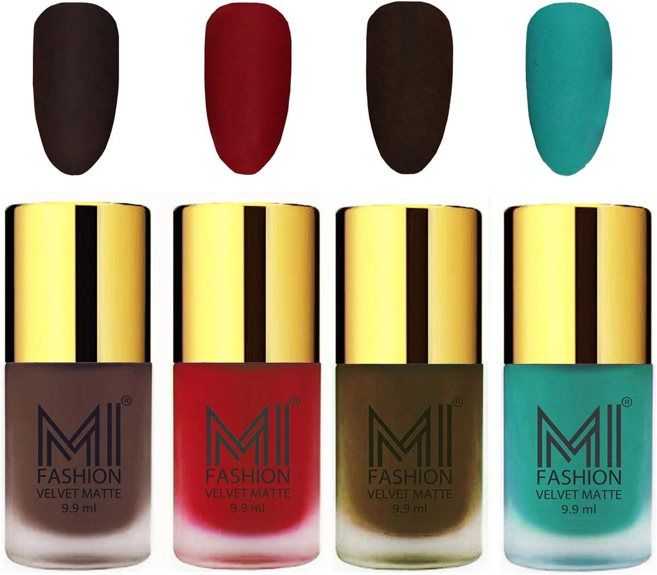 ست لاک ناخن مات مخملی اِم آی فشن، رنگ های قهوه ای، قرمز گوجه ای، قهوه ای زیتونی، آبی آسمانی، 9.9 میلی لیتر (مجموعه 4 عددی)