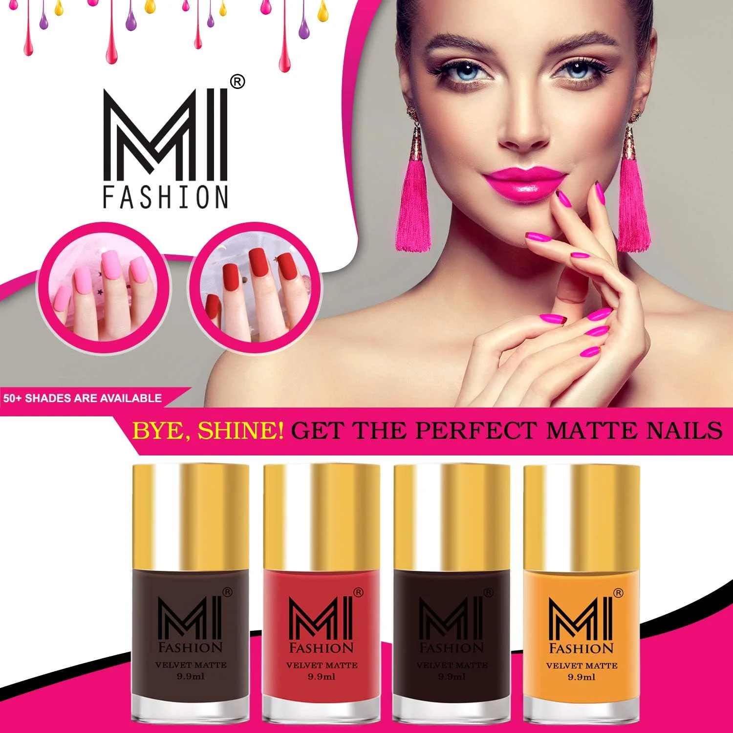 ست لاک ناخن مات مخملی اِم آی فشن، قهوه ای، هلویی روشن، قهوه ای تیره، نارنجی زعفرانی، 9.9 میلی لیتر (مجموعه 4 عددی)