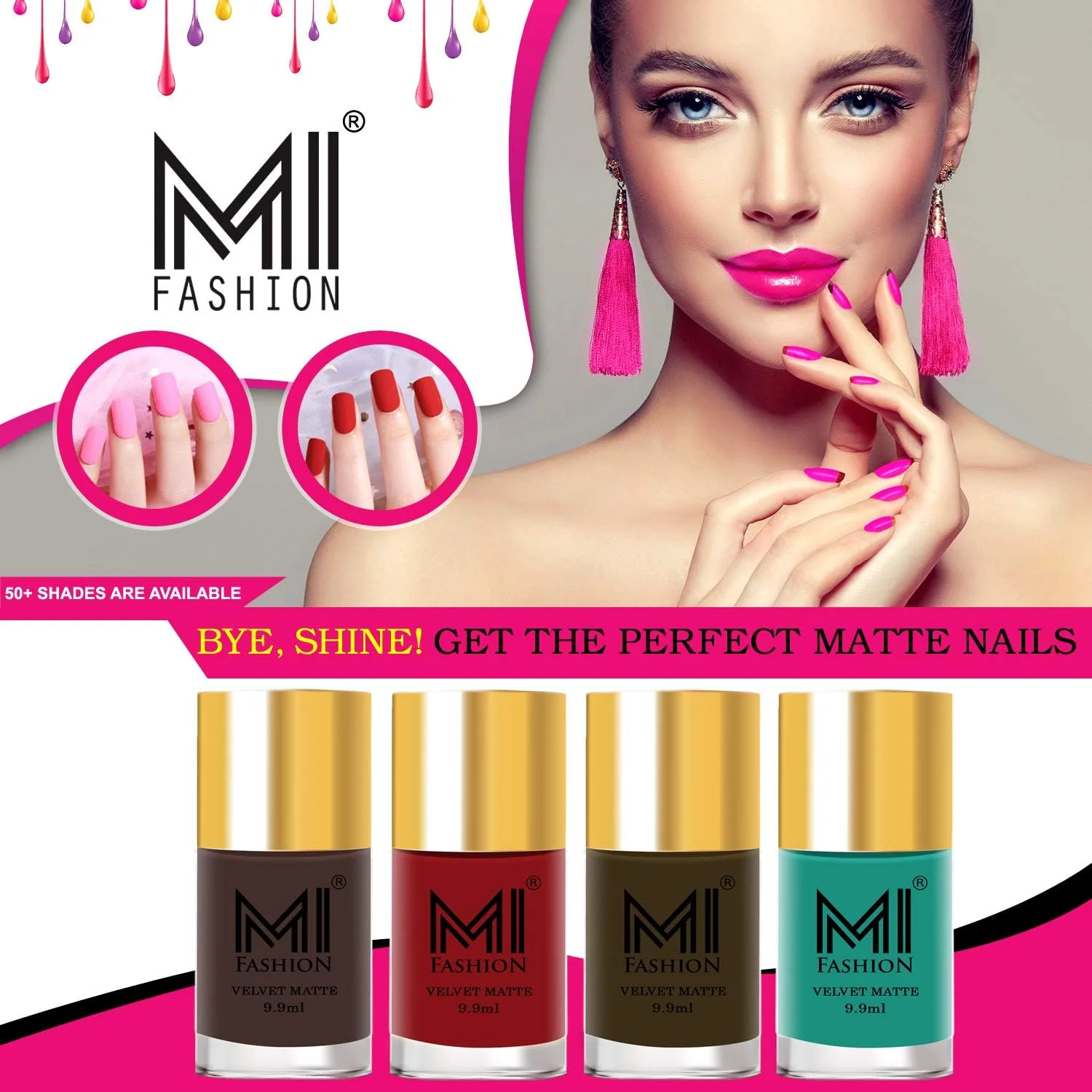 ست لاک ناخن مات مخملی اِم آی فشن، رنگ های قهوه ای، قرمز گوجه ای، قهوه ای زیتونی، آبی آسمانی، 9.9 میلی لیتر (مجموعه 4 عددی)