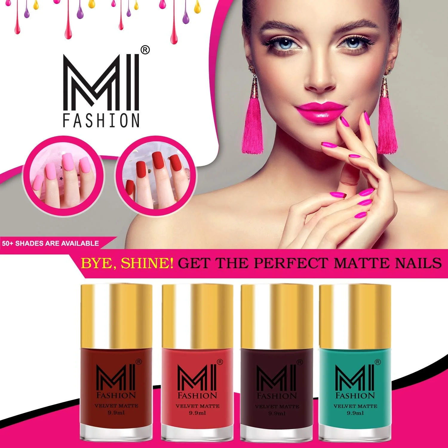 لاک ناخن مات ام آی فشن، آلبالویی، هلویی روشن، شرابی، آبی آسمانی، مجموعه 4 عددی 9.9 میلی لیتر