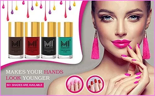 لاک ناخن مات مخملی ام آی فشن، ترکیبی از رنگ های قهوه ای، قرمز گوجه ای، مشکی و آبی آسمانی