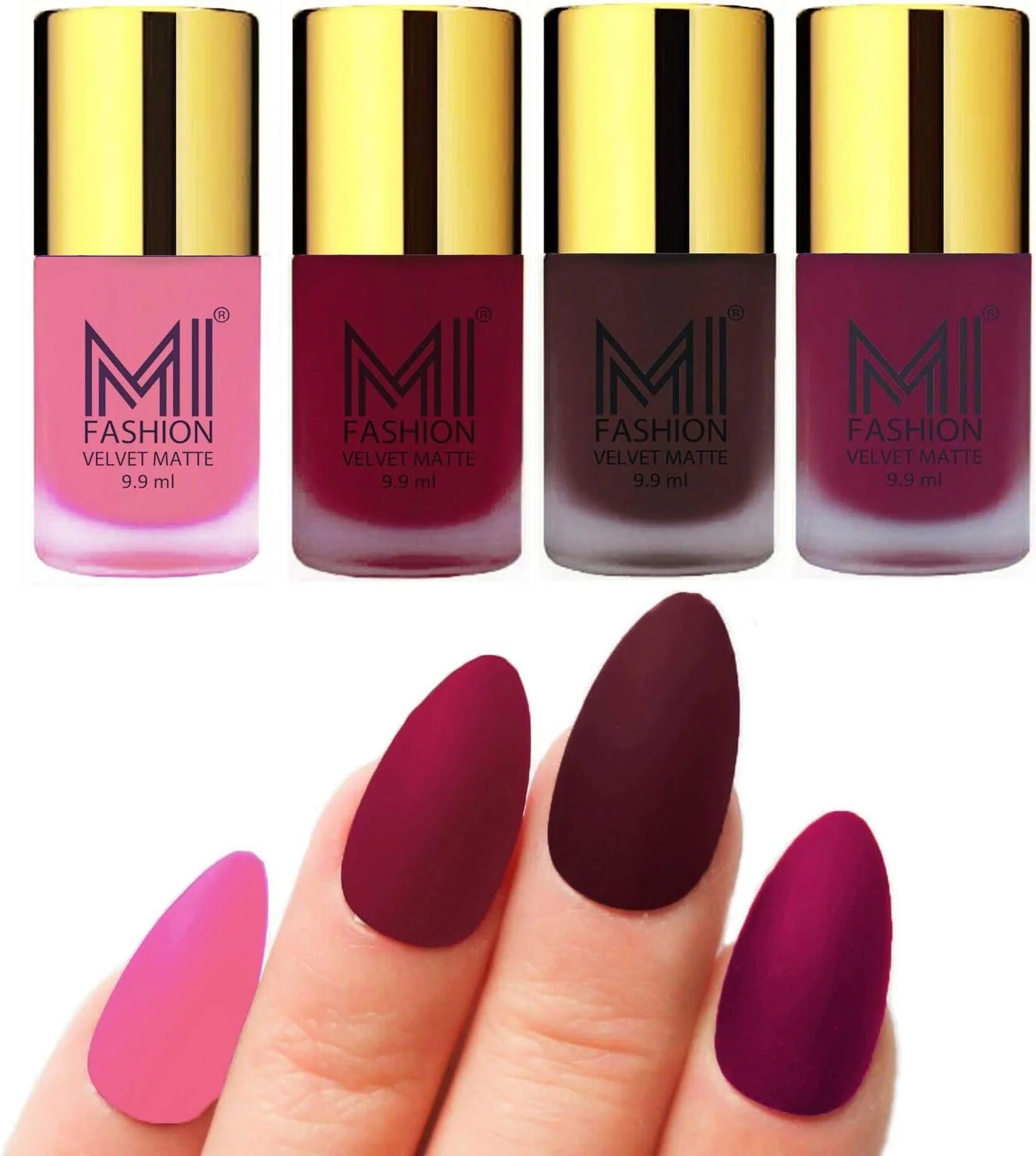 ست لاک ناخن مات مخملی ام آی فشن، صورتی پاستیلی، بنفش مایل به خاکستری، شرابی، نارنجی زعفرانی، 9.9 میلی لیتر (مجموعه 4 عددی)