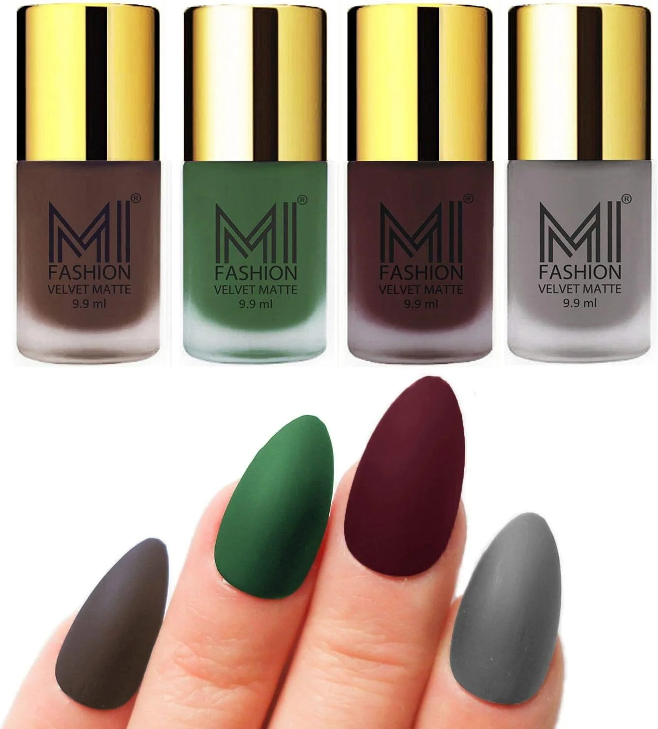 ست لاک ناخن مخملی مات اِم آی فشن، قهوه ای، سبز، شرابی، خاکستری، 9.9 میلی لیتر (مجموعه 4 عددی)