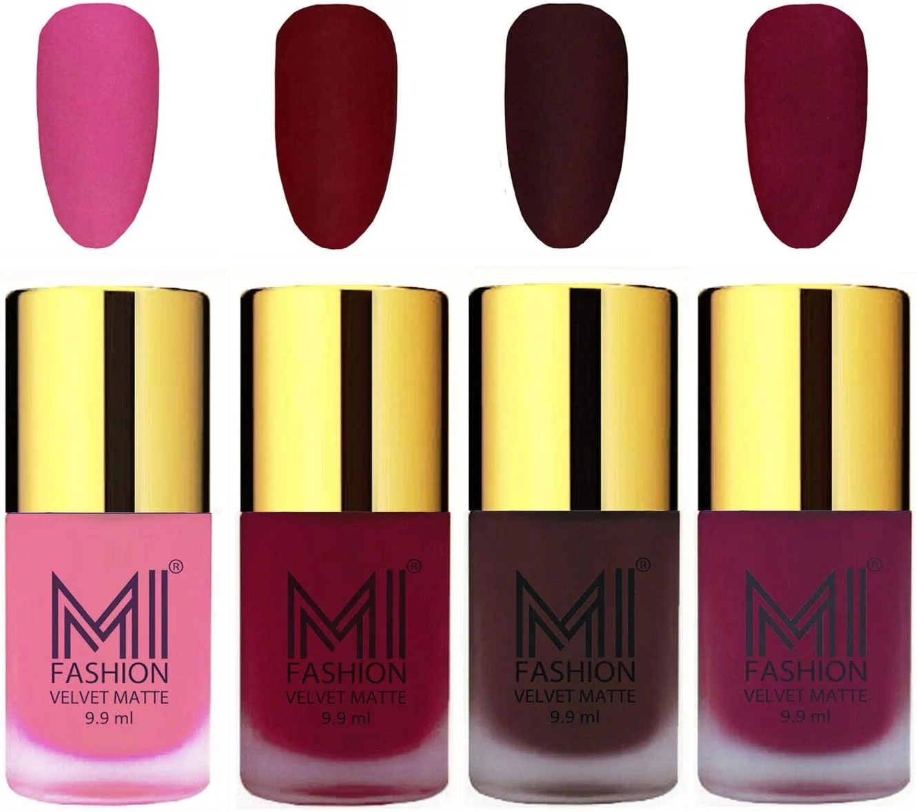 ست لاک ناخن مات مخملی ام آی فشن، صورتی پاستیلی، بنفش مایل به خاکستری، شرابی، نارنجی زعفرانی، 9.9 میلی لیتر (مجموعه 4 عددی)