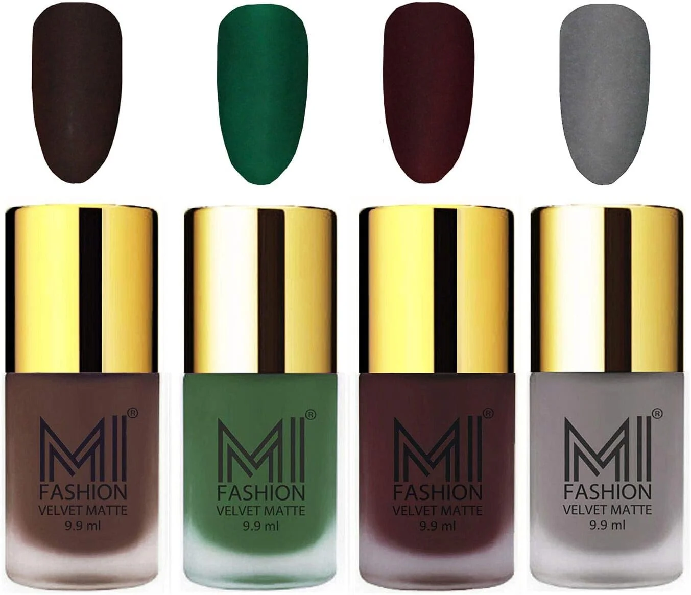 ست لاک ناخن مخملی مات اِم آی فشن، قهوه ای، سبز، شرابی، خاکستری، 9.9 میلی لیتر (مجموعه 4 عددی)