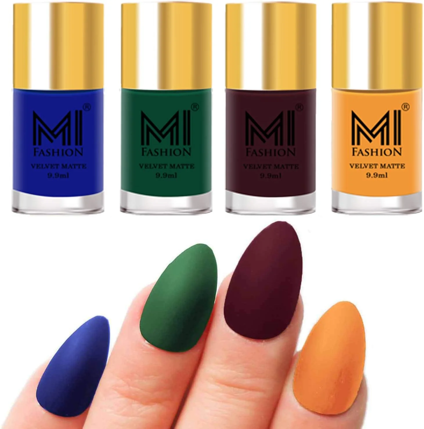 لاک ناخن مات مخملی ام آی فشن، آبی رویال، سبز، شرابی، نارنجی زعفرانی