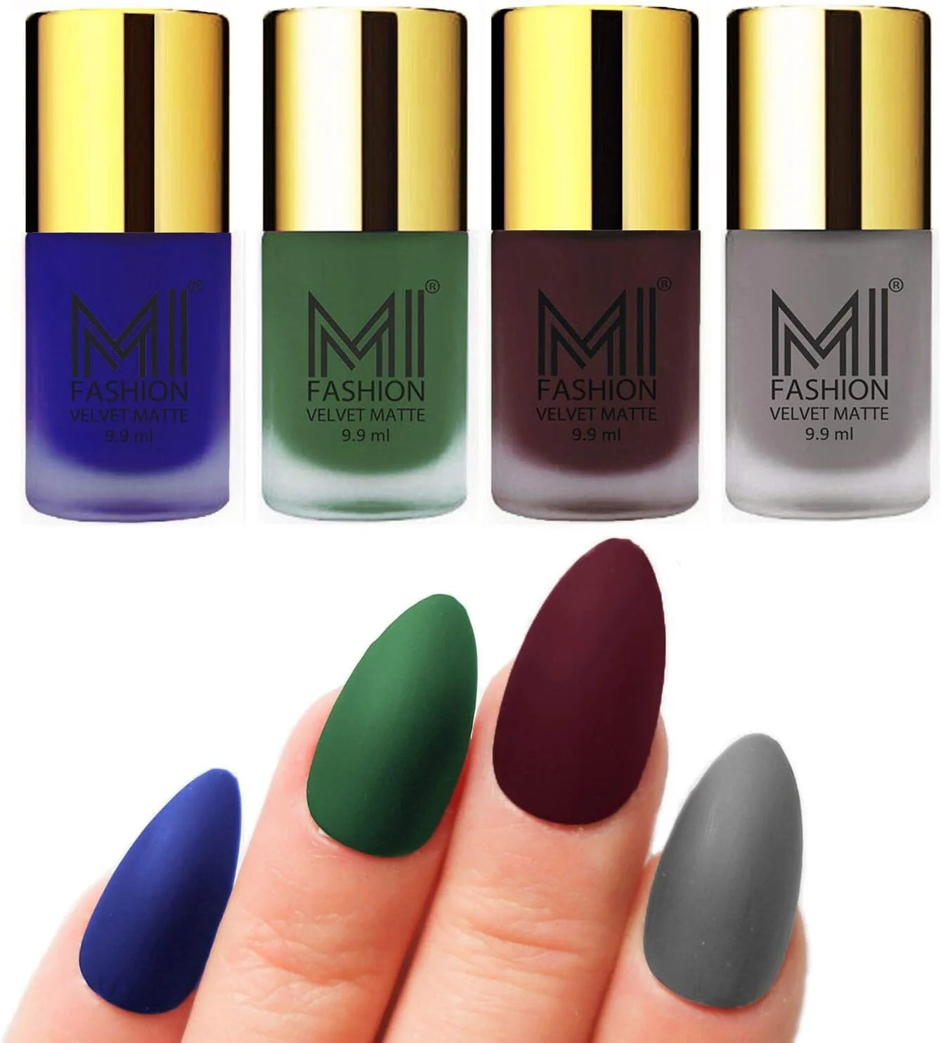 ست لاک ناخن مات مخملی ام آی فشن، آبی سلطنتی، سبز، شرابی، نارنجی زعفرانی، 9.9 میلی لیتر (مجموعه 4 عددی)