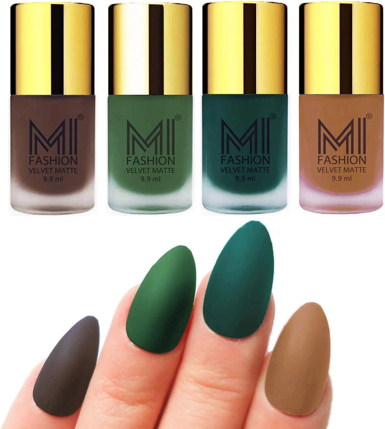 ست لاک ناخن مات مخملی اِم آی فشن، قهوه ای، سبز، سبز تیره، کالباسی تیره، 9.9 میلی لیتر (مجموعه 4 عددی)
