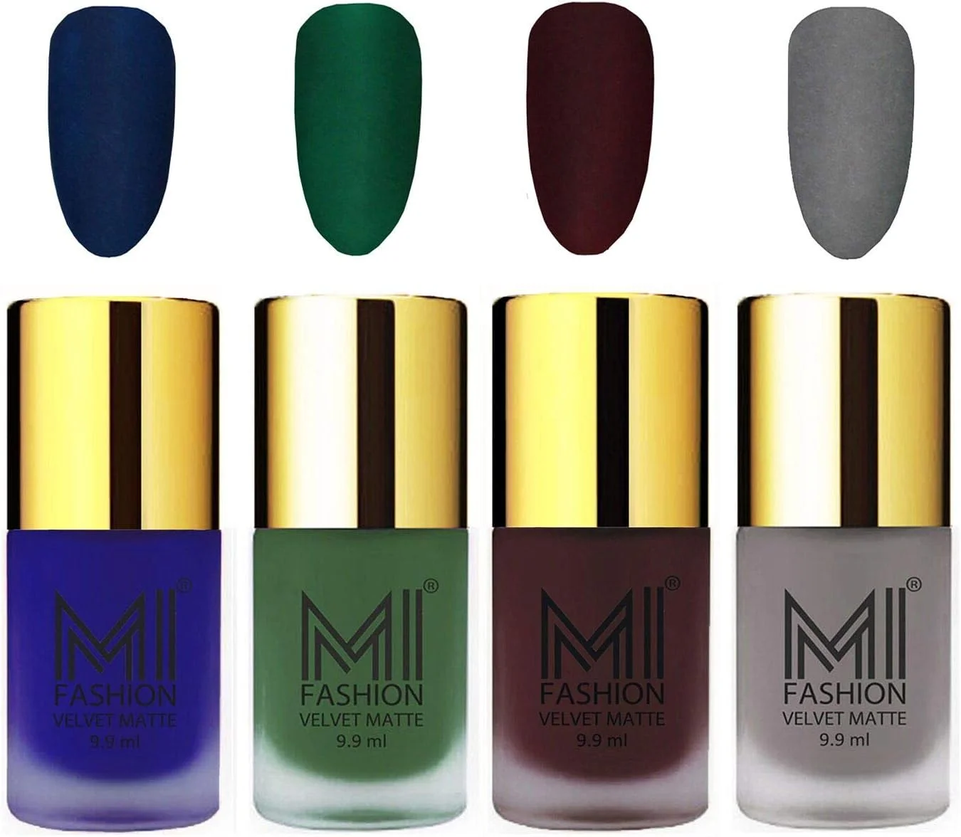 ست لاک ناخن مات مخملی ام آی فشن، آبی سلطنتی، سبز، شرابی، نارنجی زعفرانی، 9.9 میلی لیتر (مجموعه 4 عددی)