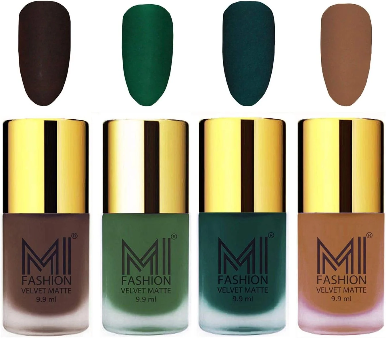 ست لاک ناخن مات مخملی اِم آی فشن، قهوه ای، سبز، سبز تیره، کالباسی تیره، 9.9 میلی لیتر (مجموعه 4 عددی)