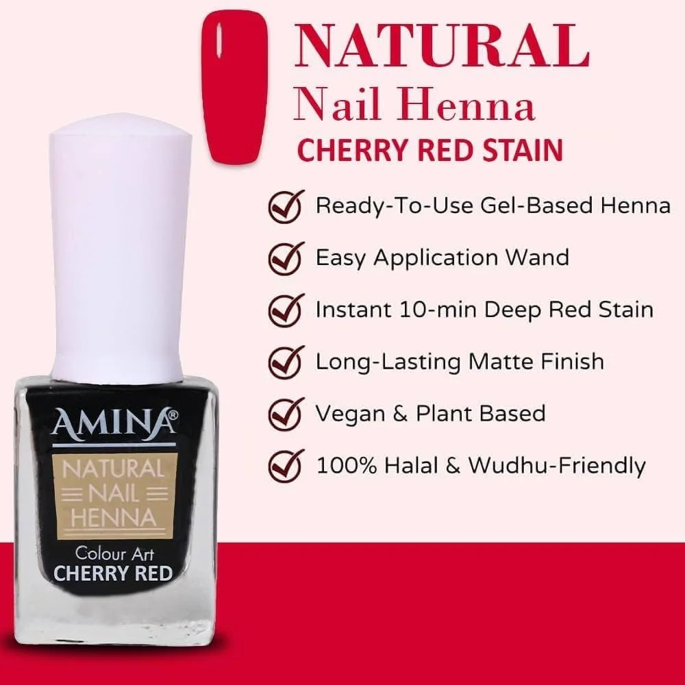 لاک ناخن حنای طبیعی آمینا، قرمز گیلاسی، فرمول گیاهی قابل تنفس، پوشش مات، 15 میلی لیتر (زرشکی)