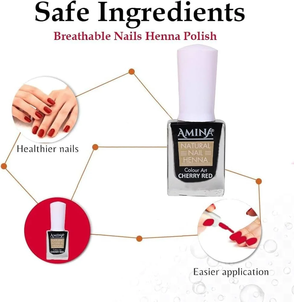 لاک ناخن حنای طبیعی آمینا، قرمز گیلاسی، فرمول گیاهی قابل تنفس، پوشش مات، 15 میلی لیتر (زرشکی)