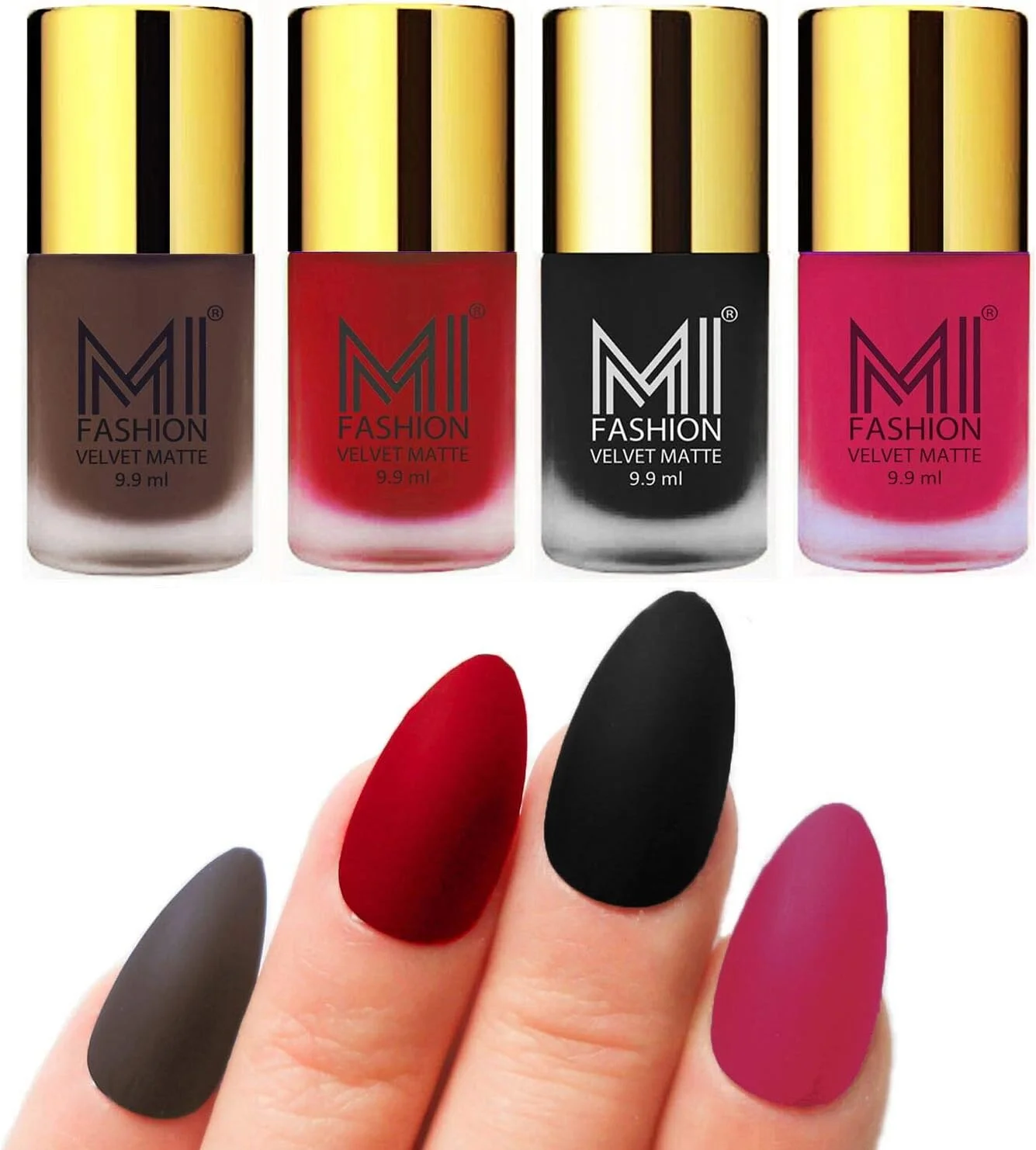 ست لاک ناخن مات مخملی اِم آی فَشن، قهوه ای، قرمز گوجه ای، مشکی، صورتی، 9.9 میلی لیتر (مجموعه 4 عددی)
