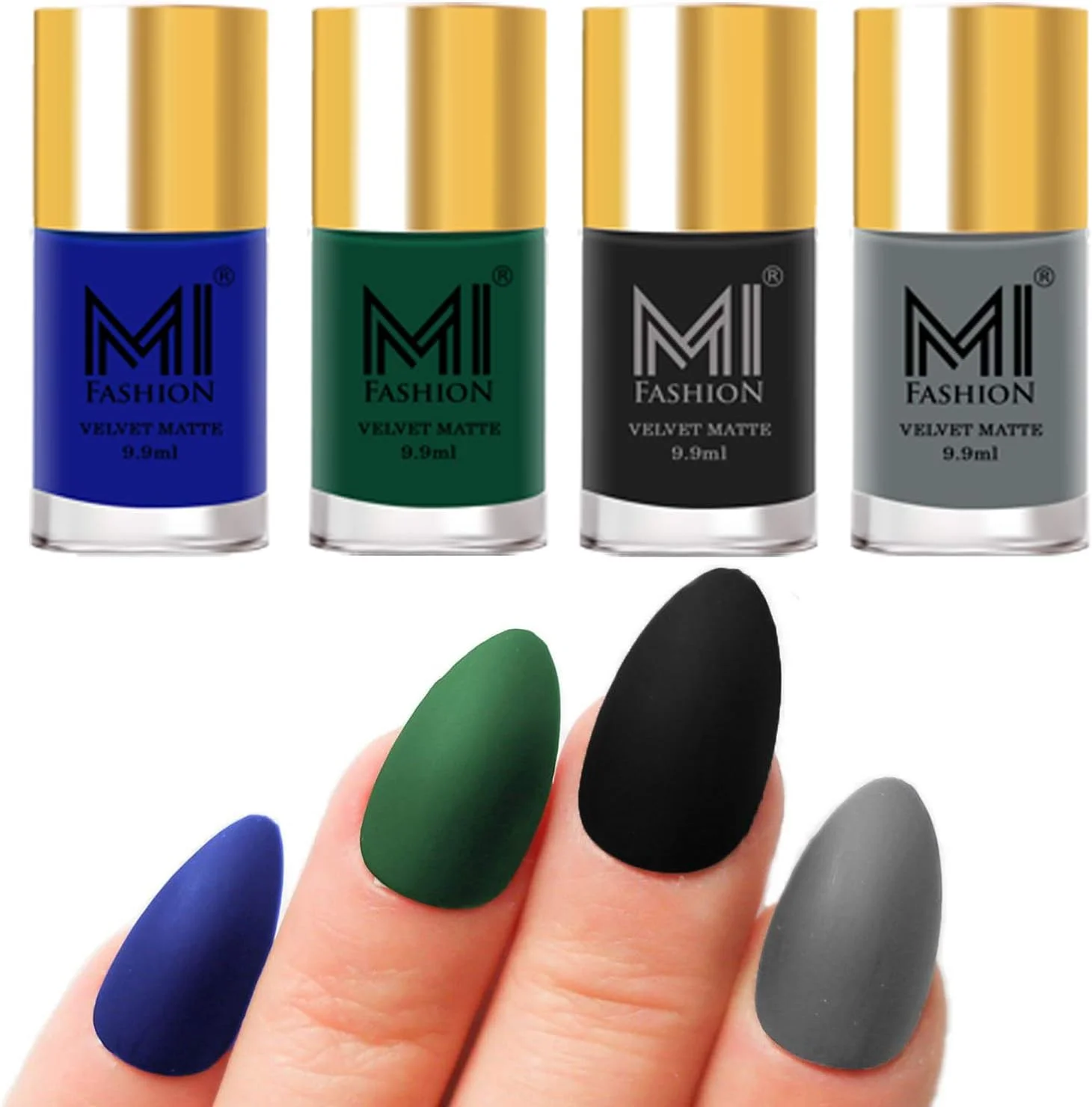 ست لاک ناخن مخملی مات ام آی فشن، آبی، سبز، مشکی، طوسی، 9.9 میلی لیتر (مجموعه 4 عددی)