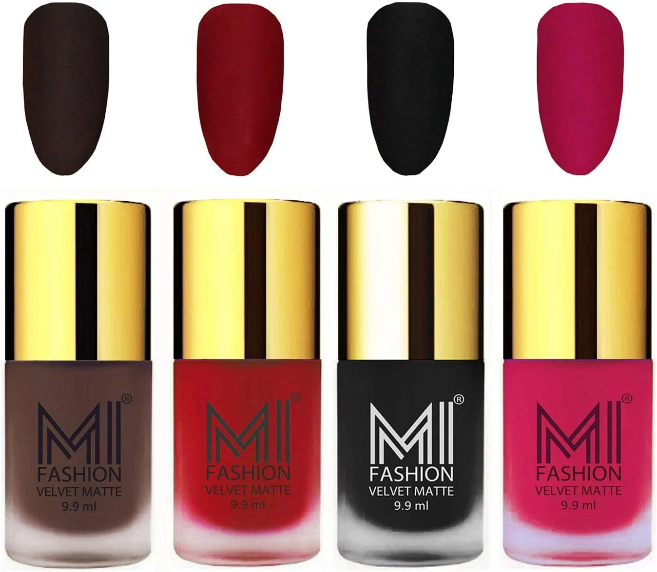 ست لاک ناخن مات مخملی اِم آی فَشن، قهوه ای، قرمز گوجه ای، مشکی، صورتی، 9.9 میلی لیتر (مجموعه 4 عددی)
