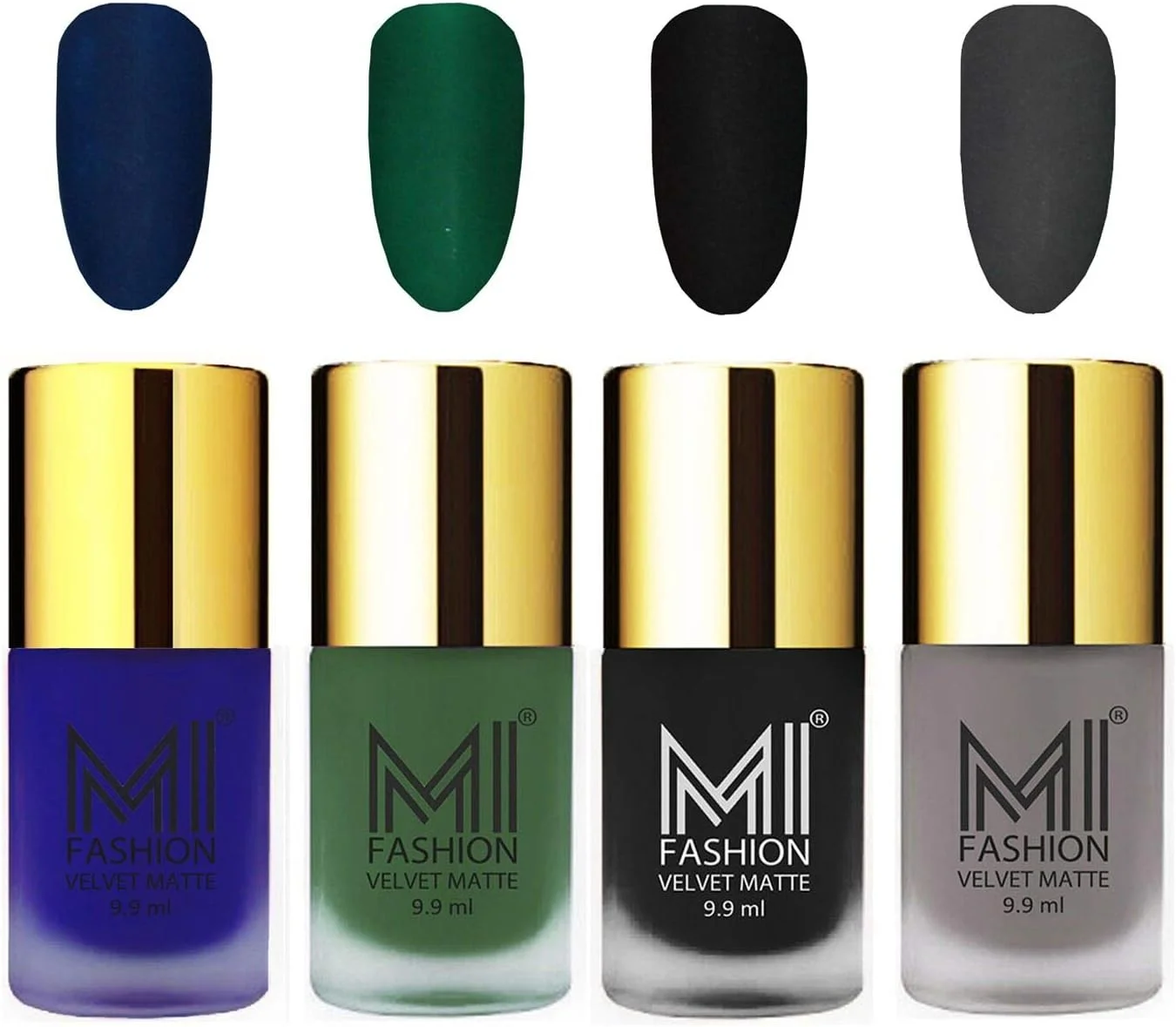 ست لاک ناخن مخملی مات ام آی فشن، آبی، سبز، مشکی، طوسی، 9.9 میلی لیتر (مجموعه 4 عددی)