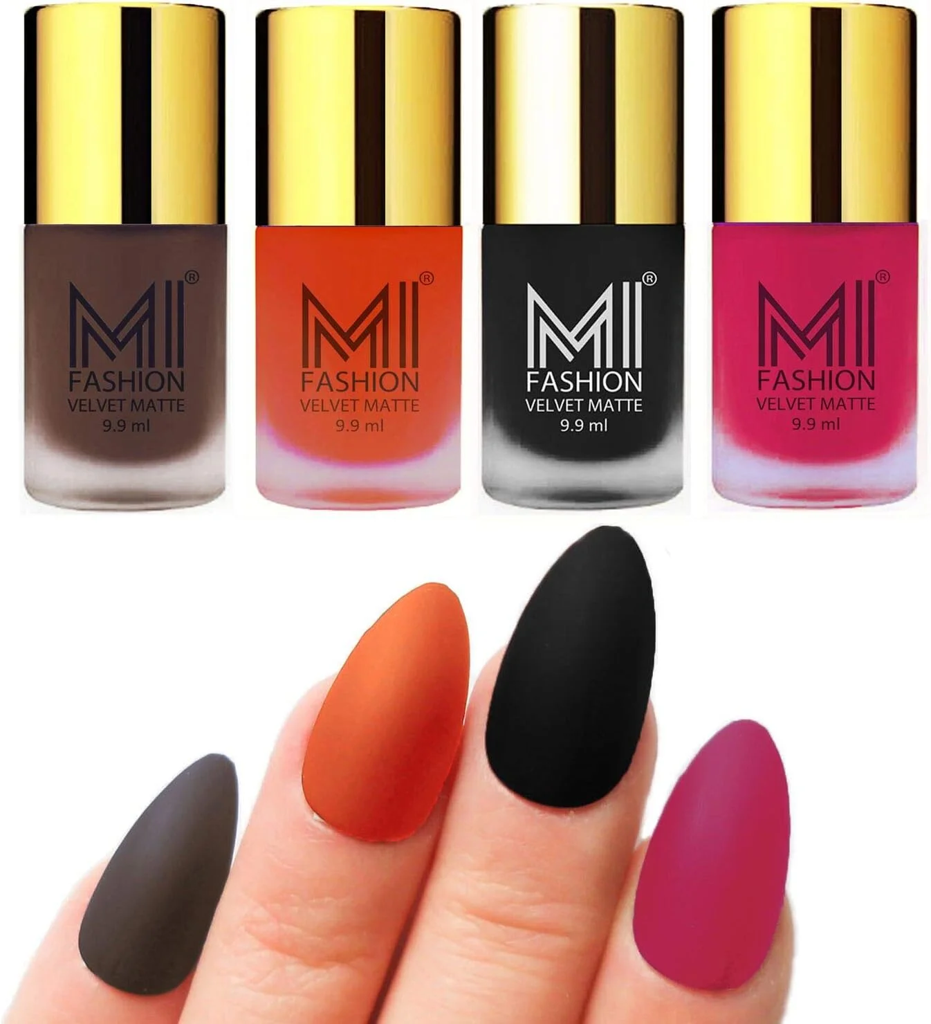 ست لاک ناخن مات مخملی ام آی فشن، مقاوم در برابر آب، 9.9 میلی لیتر، قهوه ای، نارنجی، مشکی، صورتی (بسته 4 عددی)