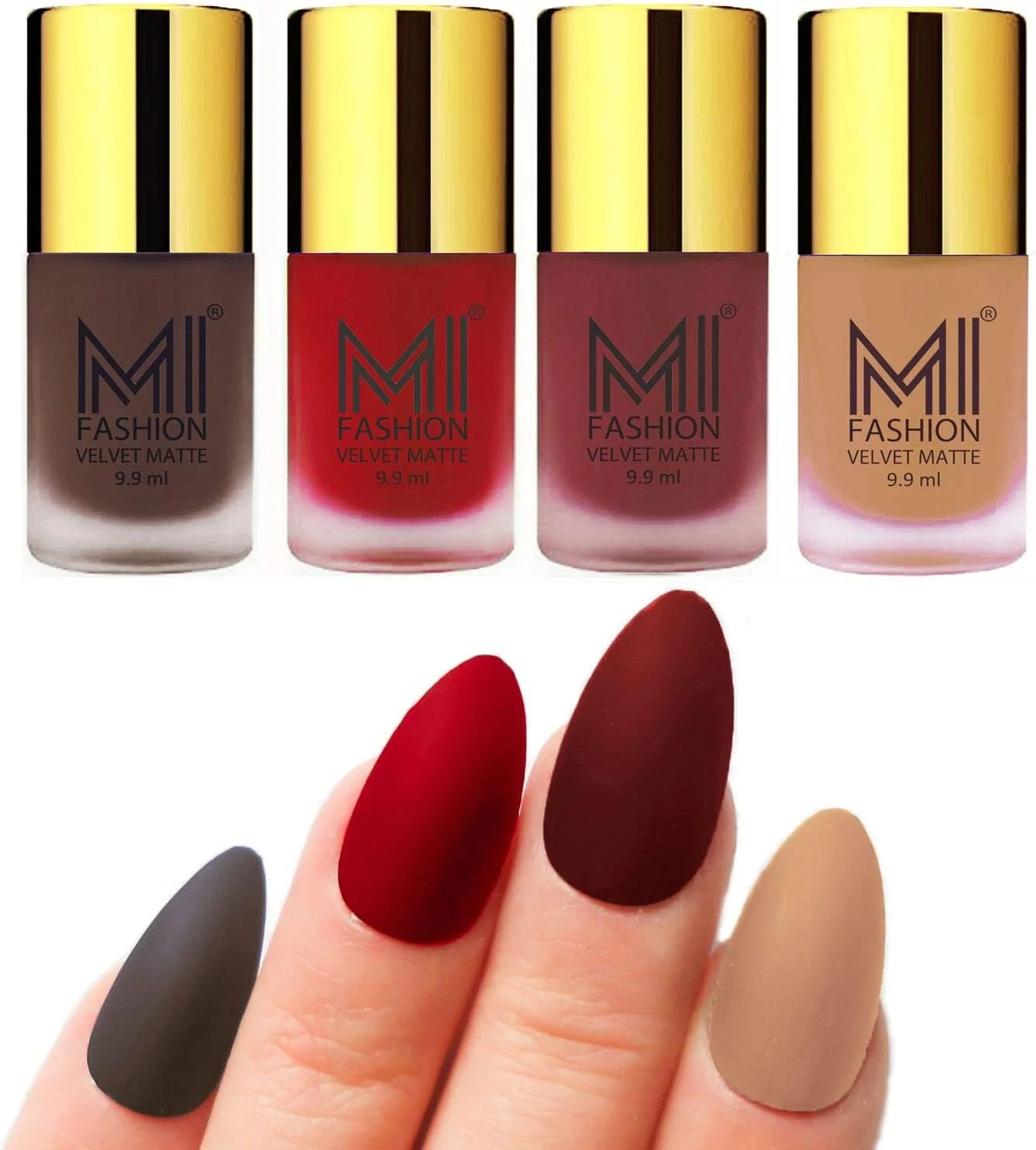ست لاک ناخن مخملی مات MI FASHION، قهوه ای، قرمز گوجه ای، مارون، رنگ بدن، 9.9 میلی لیتر (مجموعه 4 عددی)