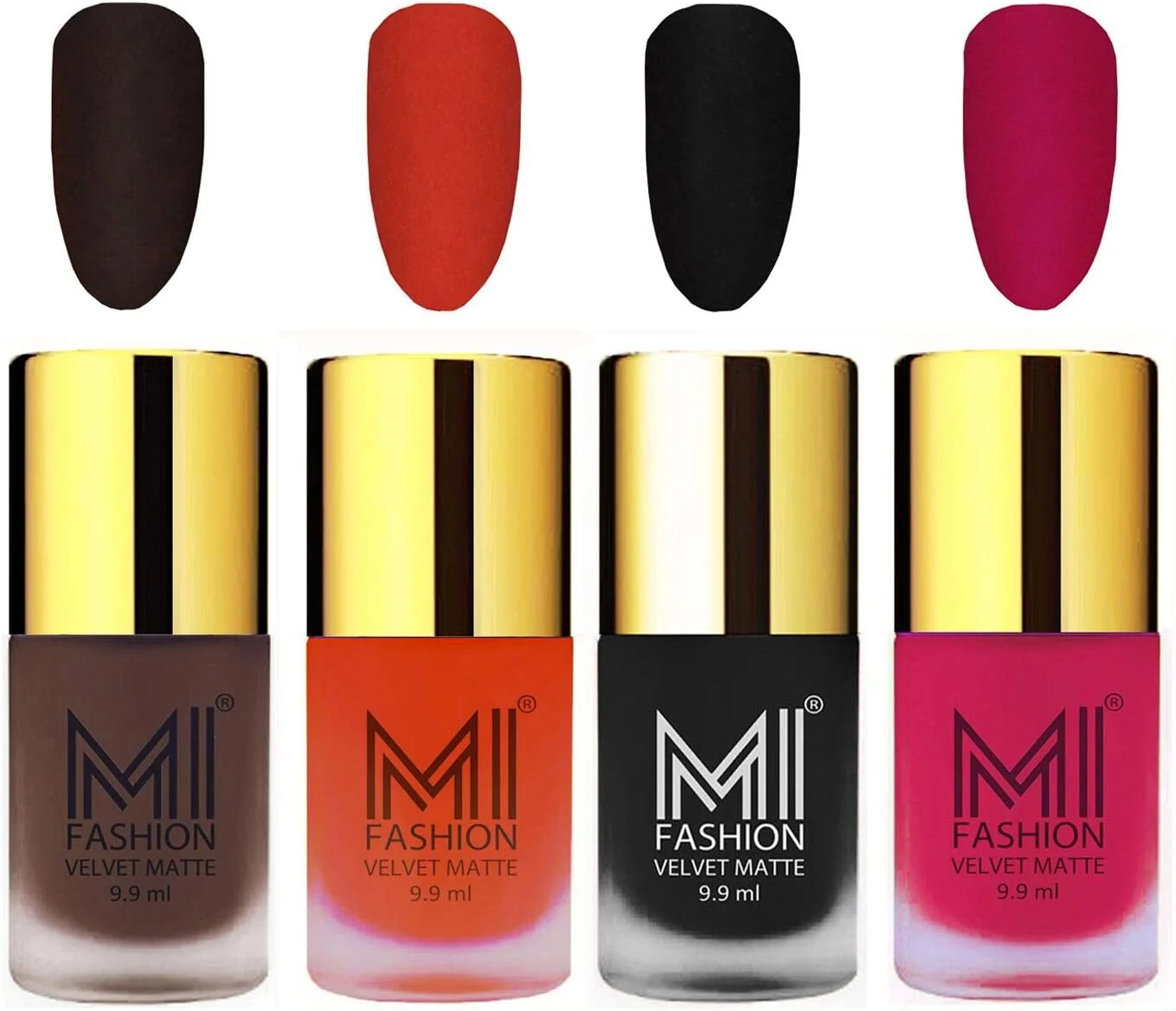 ست لاک ناخن مات مخملی ام آی فشن، مقاوم در برابر آب، 9.9 میلی لیتر، قهوه ای، نارنجی، مشکی، صورتی (بسته 4 عددی)