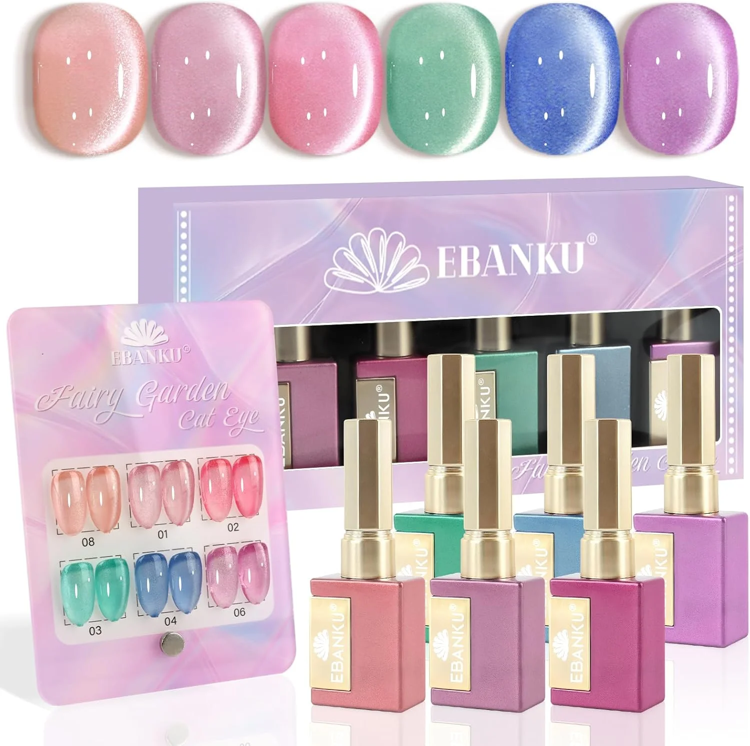 ست لاک ژل ناخن چشم گربه ای EBANKU، 6 رنگ لاک ژل مغناطیسی چشم گربه ای هولوگرافیک، لاک ژل ژله ای نیمه شفاف اکلیلی درخشان برای طراحی ناخن (صورتی، آبی، سبز)