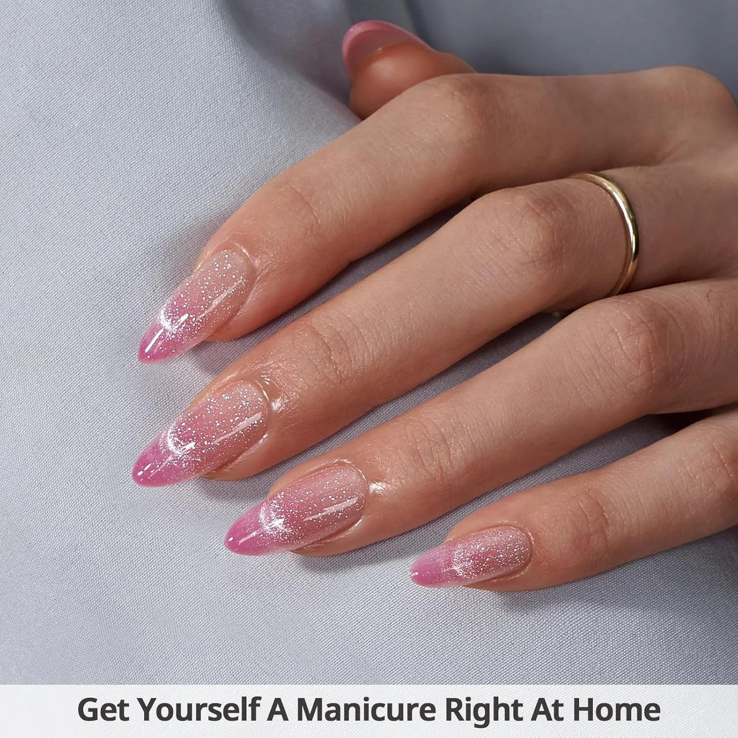 ناخن مصنوعی بادامی BTArtbox - ناخن های مصنوعی چشم گربه ای صورتی، ناخن های مصنوعی قابل چسباندن و سفت شدن برای زنان، ناخن های مصنوعی نیمه شفاف ژل نرم با چسب در 15 سایز