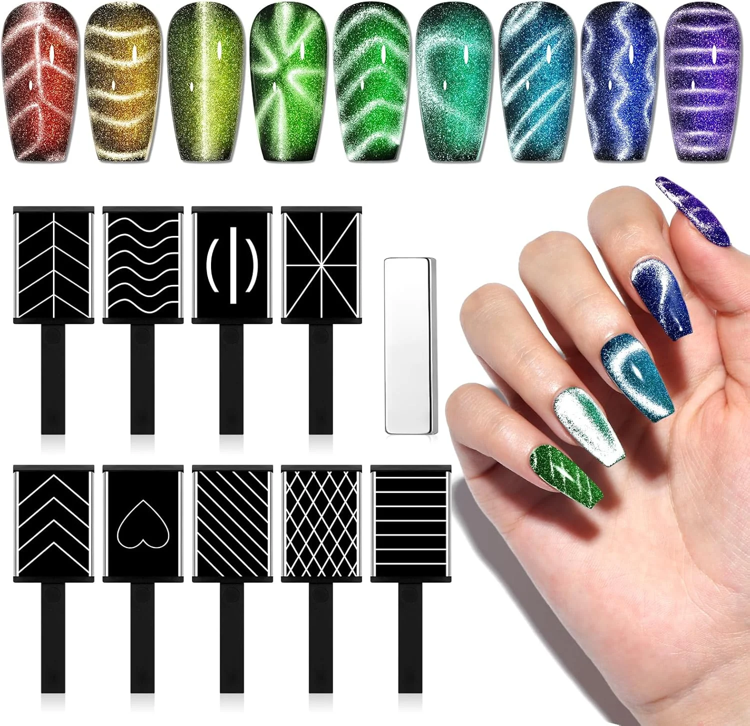 مجموعه آهنربای چشم گربه ای ناخن ساویلند: 10 عدد آهنربای قوی لاک ژل چشم گربه ای، ایجاد بیش از 1000 طرح مختلف، ابزار سریع و آسان طراحی ناخن برای علاقه مندان، تکنسین ها، سالن ها و استفاده در منزل