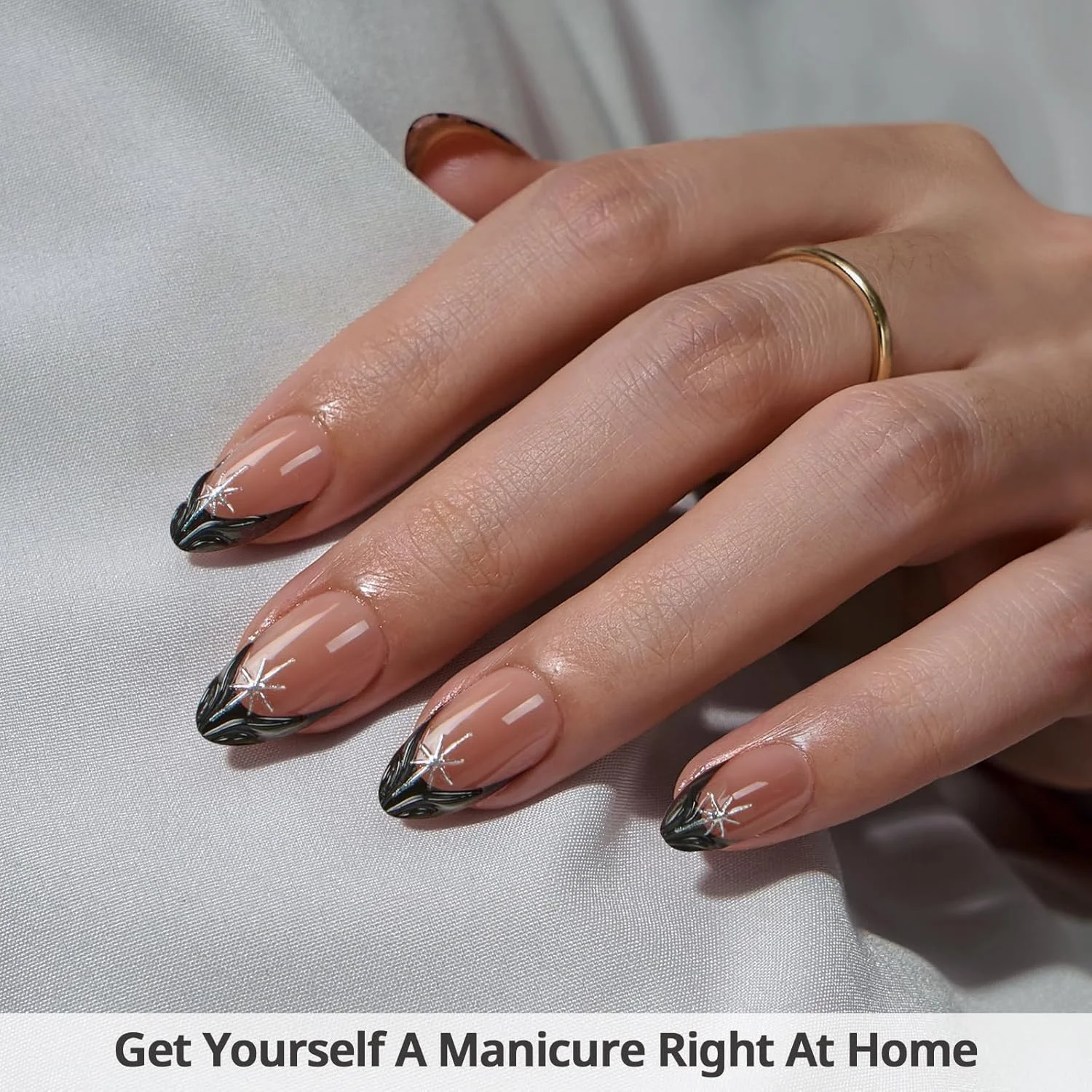 ناخن مصنوعی فرنچ BTArtbox - ناخن مصنوعی کوتاه بیضی مشکی قابل خشک شدن با لامپ همراه با چسب برای خانم ها، ژل نرم نیمه شفاف، 16 سایز - کیت 32 عددی