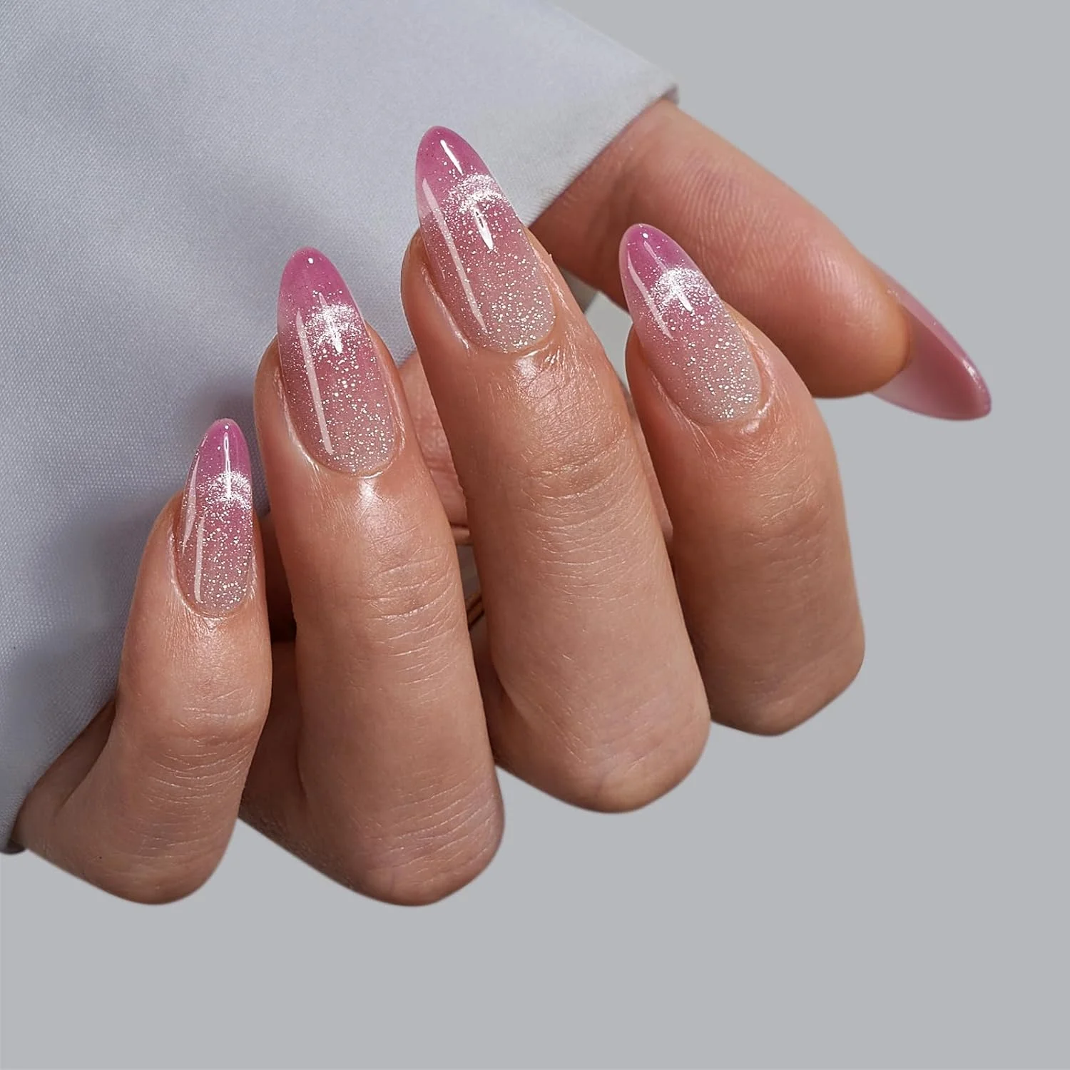 ناخن مصنوعی بادامی BTArtbox - ناخن های مصنوعی چشم گربه ای صورتی، ناخن های مصنوعی قابل چسباندن و سفت شدن برای زنان، ناخن های مصنوعی نیمه شفاف ژل نرم با چسب در 15 سایز