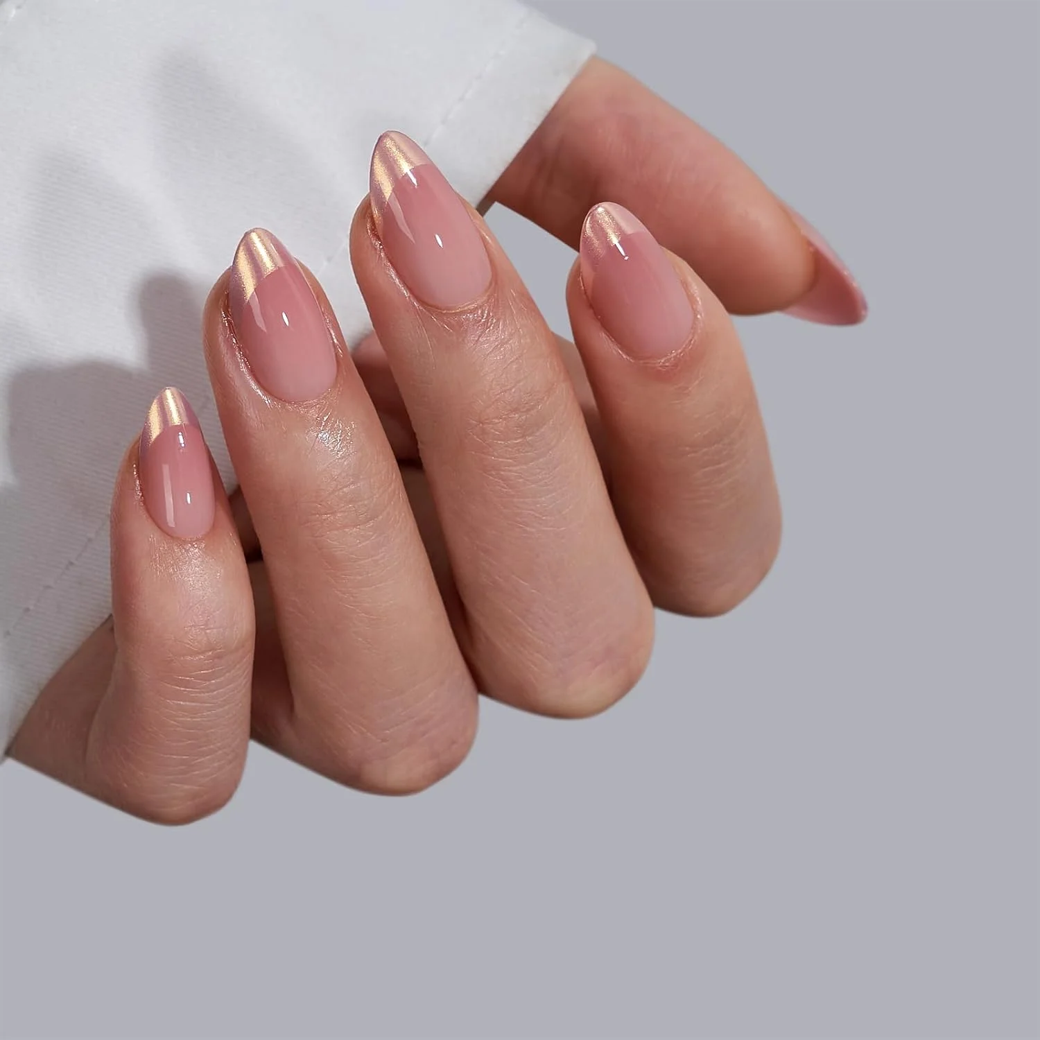 ناخن مصنوعی کوتاه BTArtbox - نوک فرانسوی کروم، بادامی، ناخن مصنوعی با چسب برای خانم ها، ناخن های ژل نرم مات با چسب در 16 سایز - کیت با 32 ناخن مصنوعی، Shimmer Costei