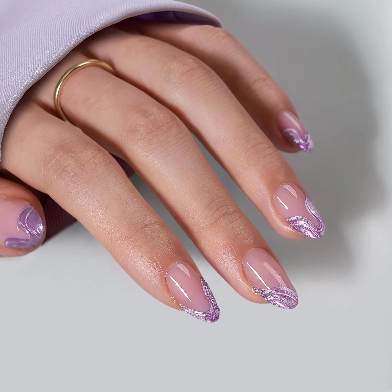 BTArtbox French False Nails - Lamp Curable, Chrome, Short, Peanuted, Glued for Women, Semi-Transparent Nails with Soft Gel Glue in 16 Sizes - Kit with 32 Posti Nails