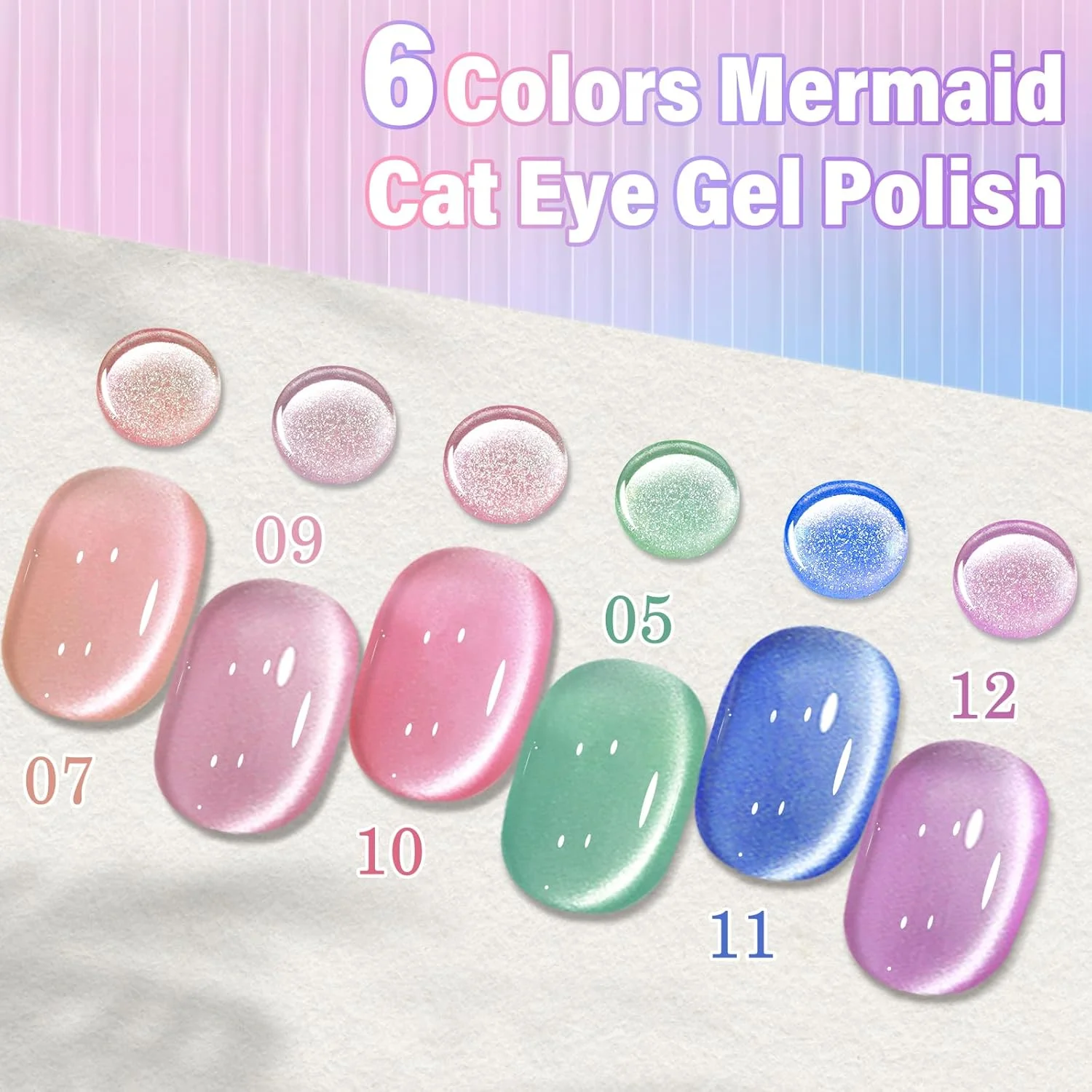 ست لاک ژل ناخن چشم گربه ای EBANKU، 6 رنگ لاک ژل مغناطیسی چشم گربه ای هولوگرافیک، لاک ژل ژله ای نیمه شفاف اکلیلی درخشان برای طراحی ناخن (صورتی، آبی، سبز)