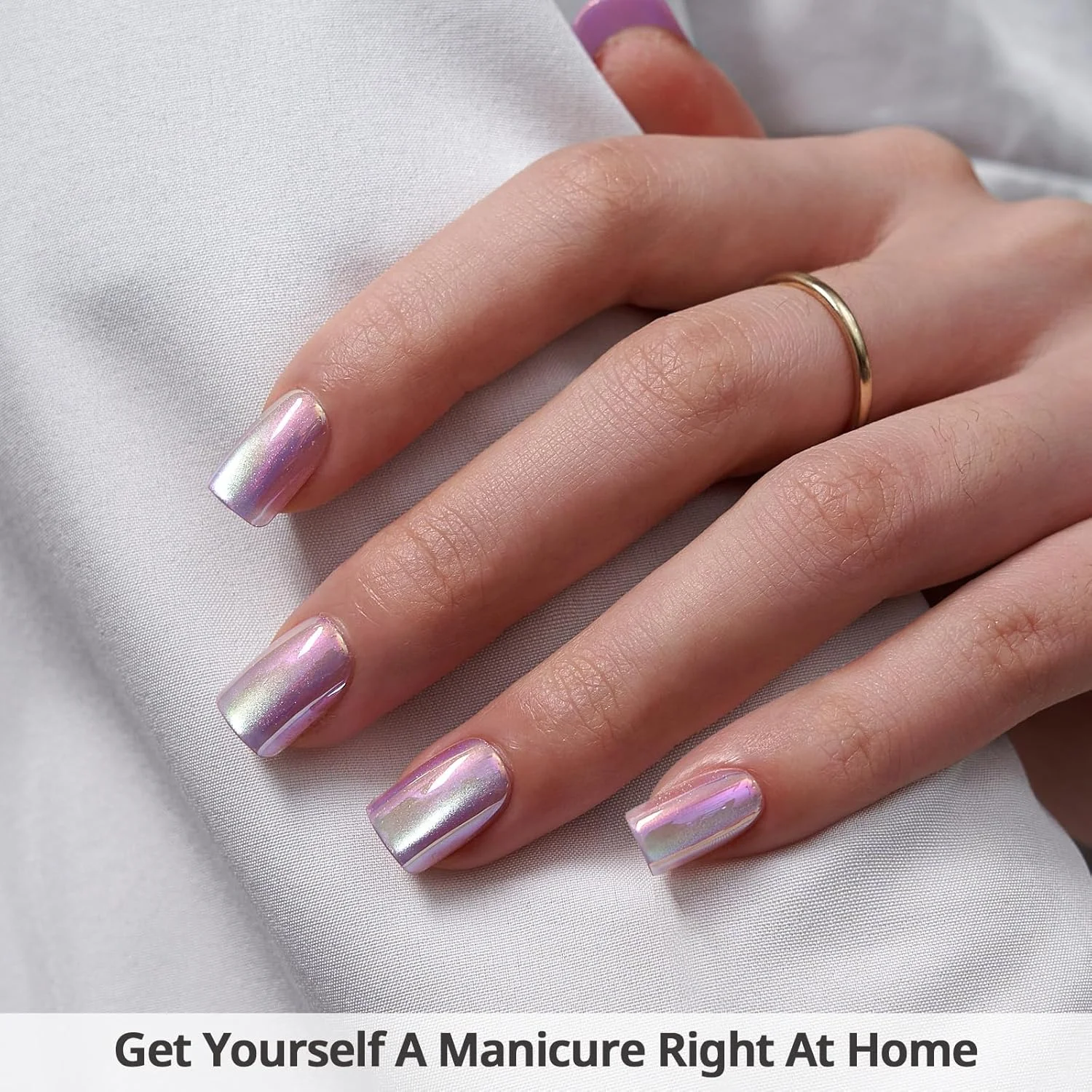 ناخن مصنوعی کوتاه BTArtbox - ناخن مصنوعی مربعی طرح چشم گربه ای کروم با چسب برای خانم ها، ناخن مصنوعی ژل نرم مات در 16 سایز - کیت با 32 ناخن مصنوعی، شیشه ای Oc