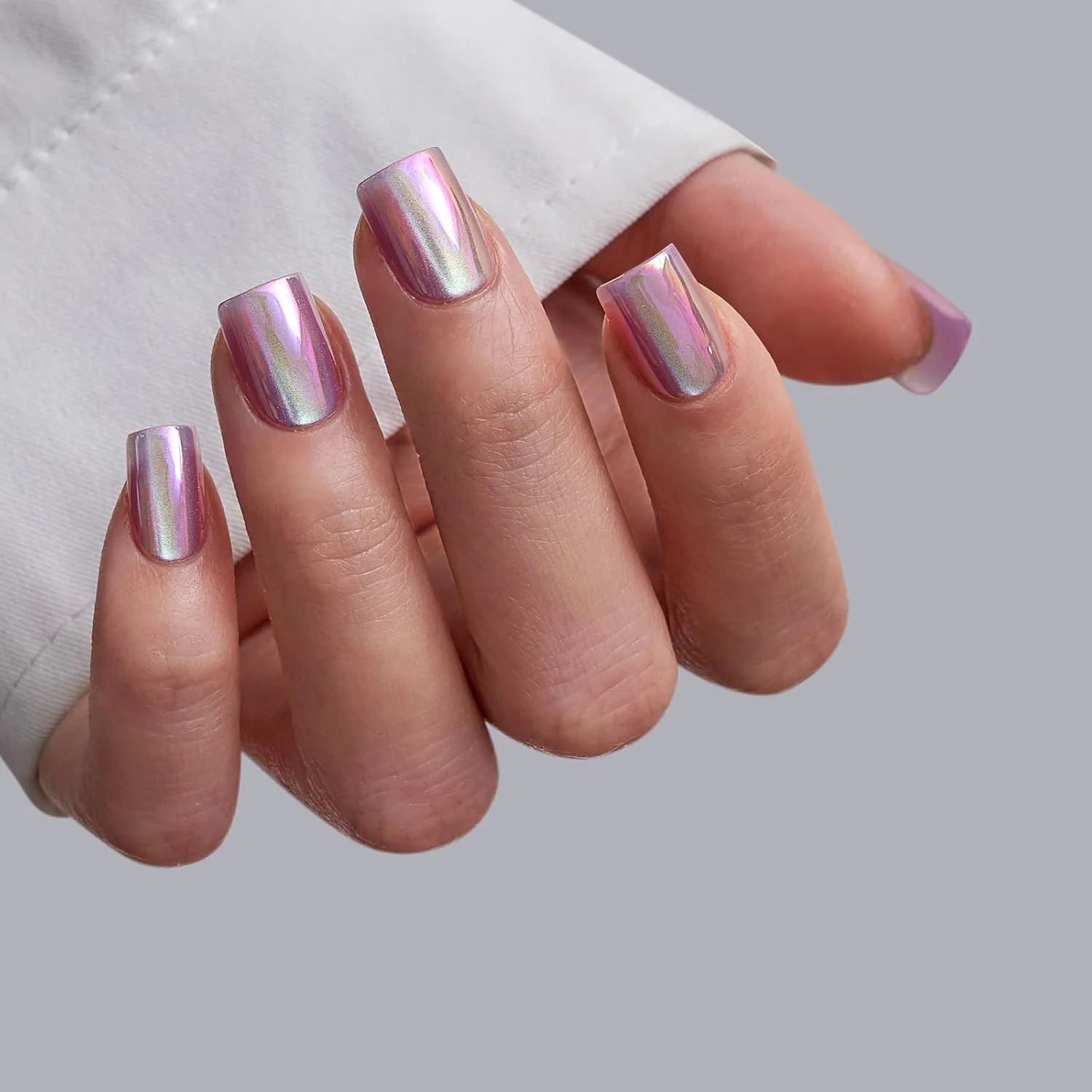 ناخن مصنوعی کوتاه BTArtbox - ناخن مصنوعی مربعی طرح چشم گربه ای کروم با چسب برای خانم ها، ناخن مصنوعی ژل نرم مات در 16 سایز - کیت با 32 ناخن مصنوعی، شیشه ای Oc