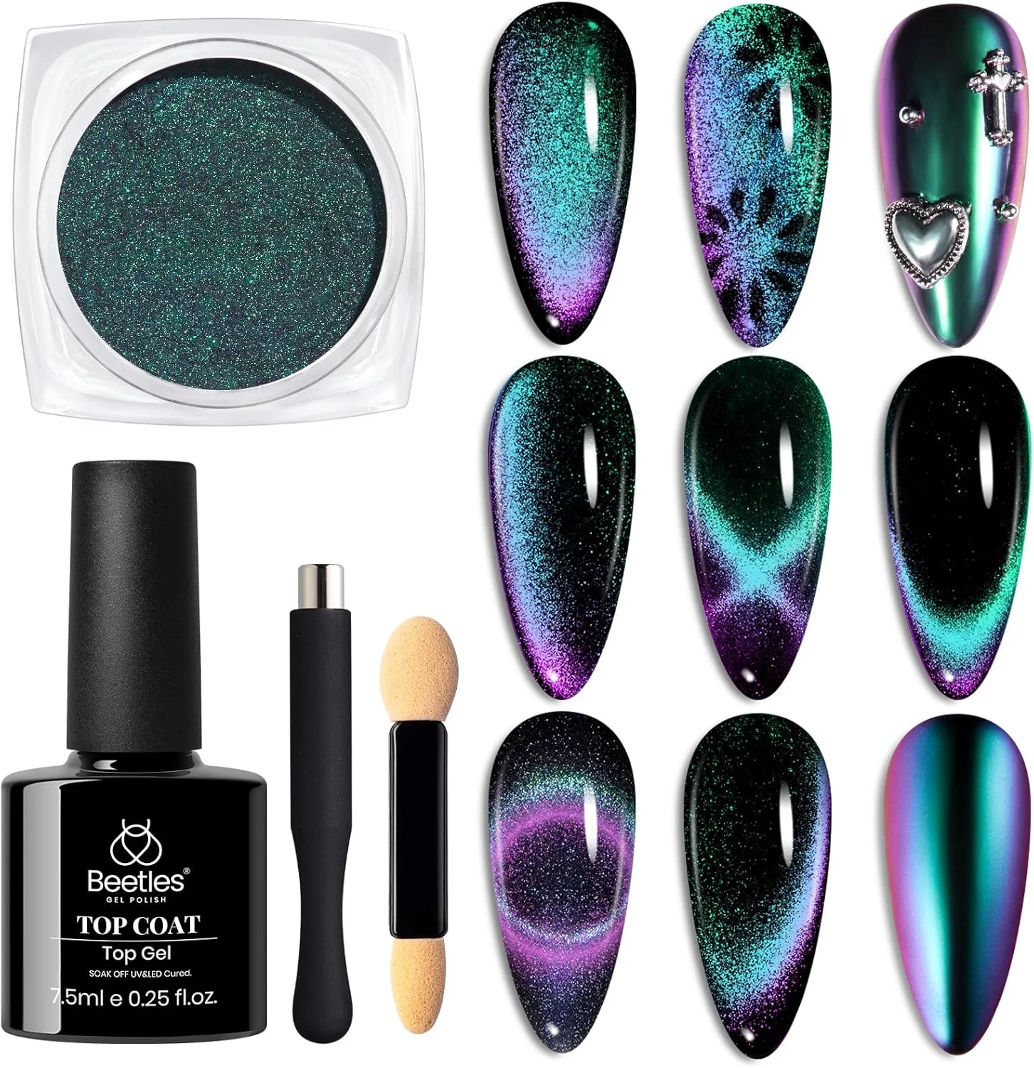 ست پودر کروم ناخن چشم گربه ای Beetles، پودر کهکشانی آینه ای متالیک هولوگرافیک 2 در 1 با تاپ کت ژل UV بدون نیاز به دستمال و آهنربا برای طراحی ناخن مخملی متالیک
