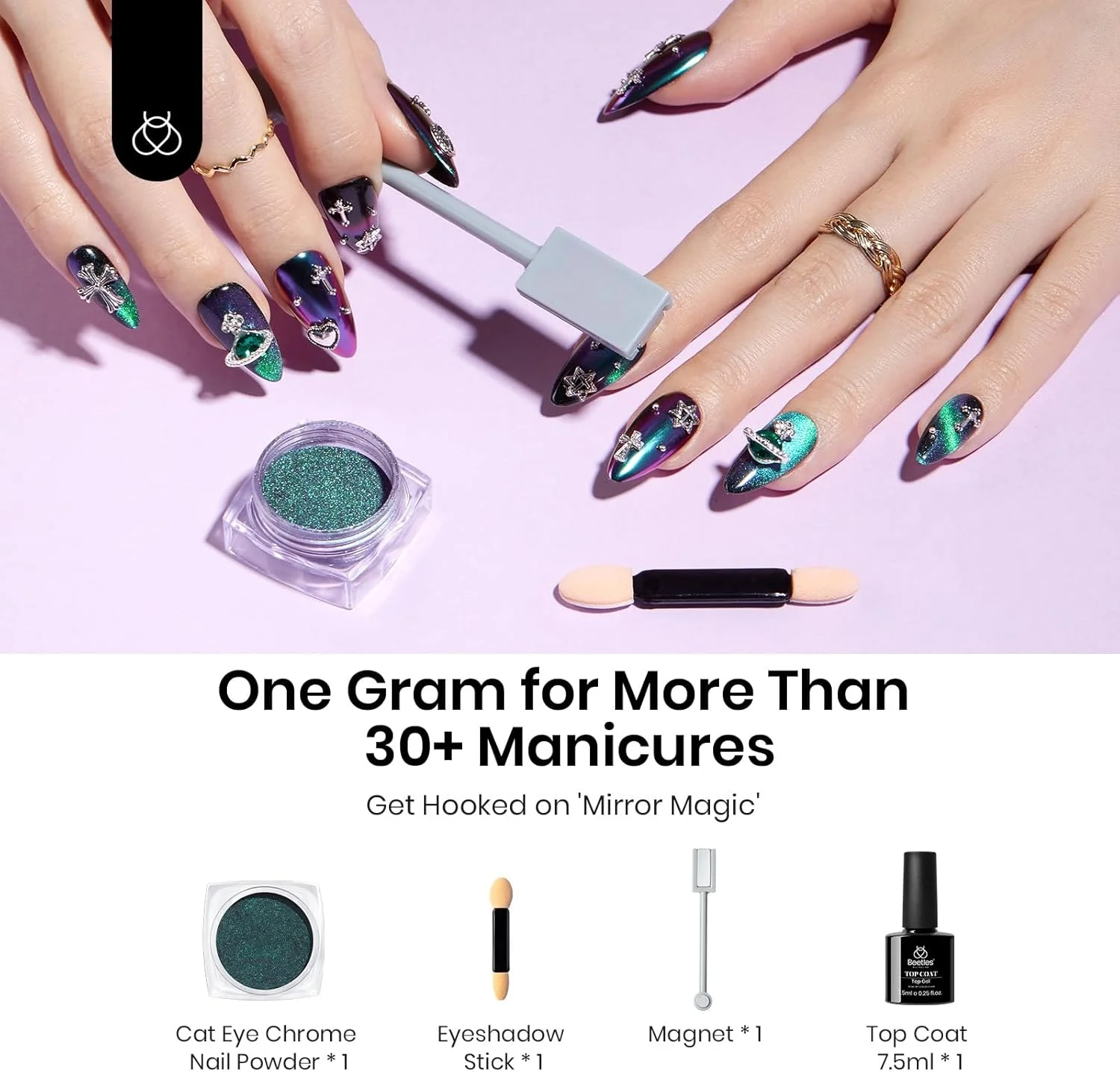 ست پودر کروم ناخن چشم گربه ای Beetles، پودر کهکشانی آینه ای متالیک هولوگرافیک 2 در 1 با تاپ کت ژل UV بدون نیاز به دستمال و آهنربا برای طراحی ناخن مخملی متالیک