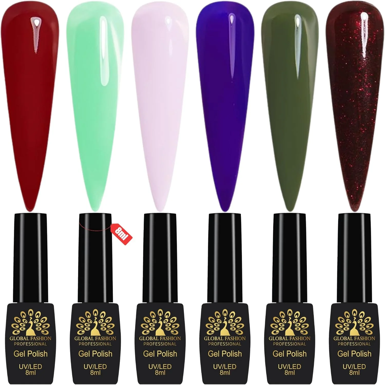ست لاک ژل 6 عددی 8 میلی لیتری گلوبال فشن، مشکی الیت UV/LED، ماندگاری طولانی، مقاوم در برابر لب پر شدن، فرمول وگان، استفاده آسان، پوشش براق برای سالن و طراحی ناخن DIY (مخمل عاشقانه)