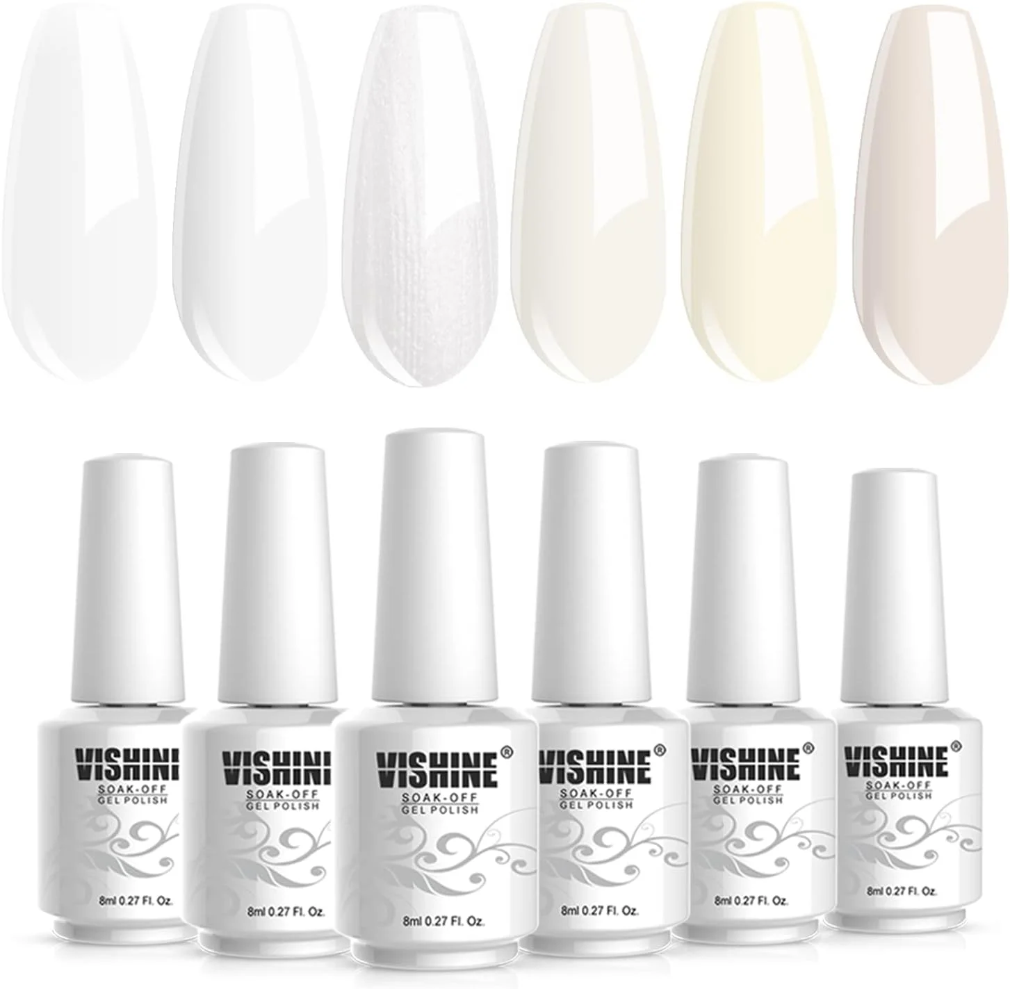 مجموعه لاک ژل ناخن سفید شیری ویشین، شامل 6 رنگ سفید فرانسوی و سفید سرد، مناسب برای طراحی ناخن در خانه و سالن، با ماندگاری طولانی، حجم 8 میلی لیتر