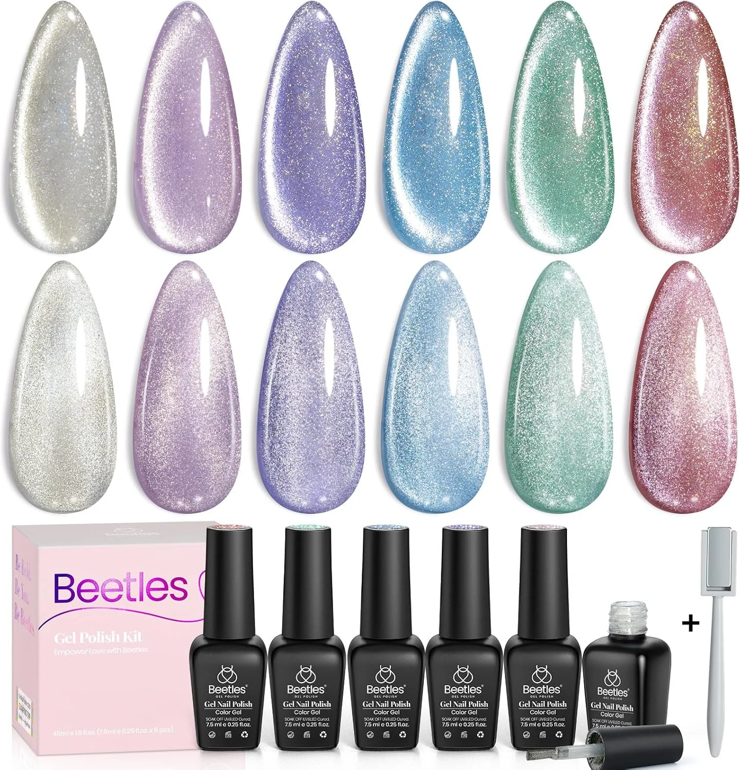 لاک ژل چشم گربه ای بیترلز، کیت لاک ژل اکلیلی 6 رنگ نقره ای صورتی آبی بنفش قرمز سبز مخملی با آهنربا، خیساندن ناخن های فرانسوی UV، هنر ناخن، هدیه سری کهکشانی رمانتیک برای زنان