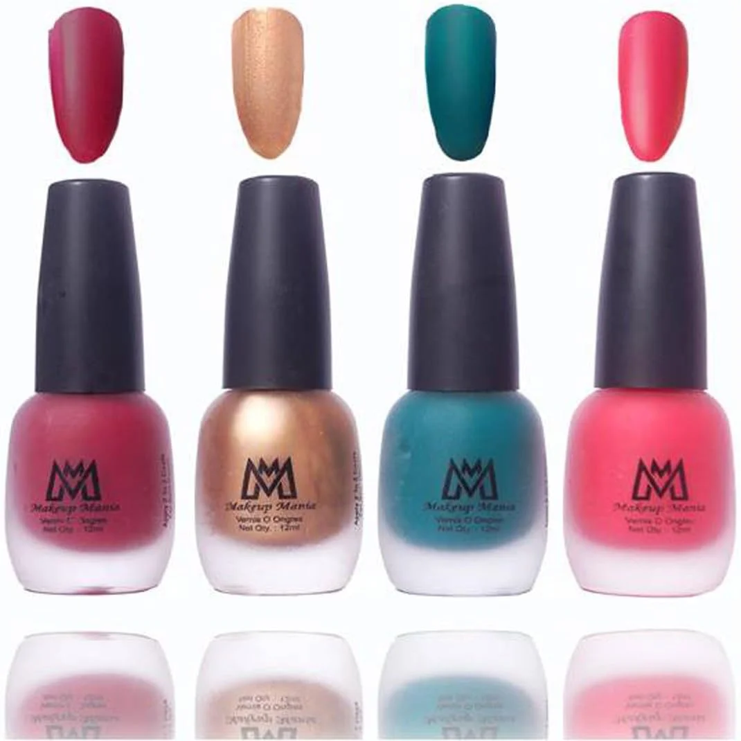 لاک ناخن مات مخملی ممتاز Makeup Mania، بسته چهارتایی (زرشکی، طلایی، سبز، صورتی)