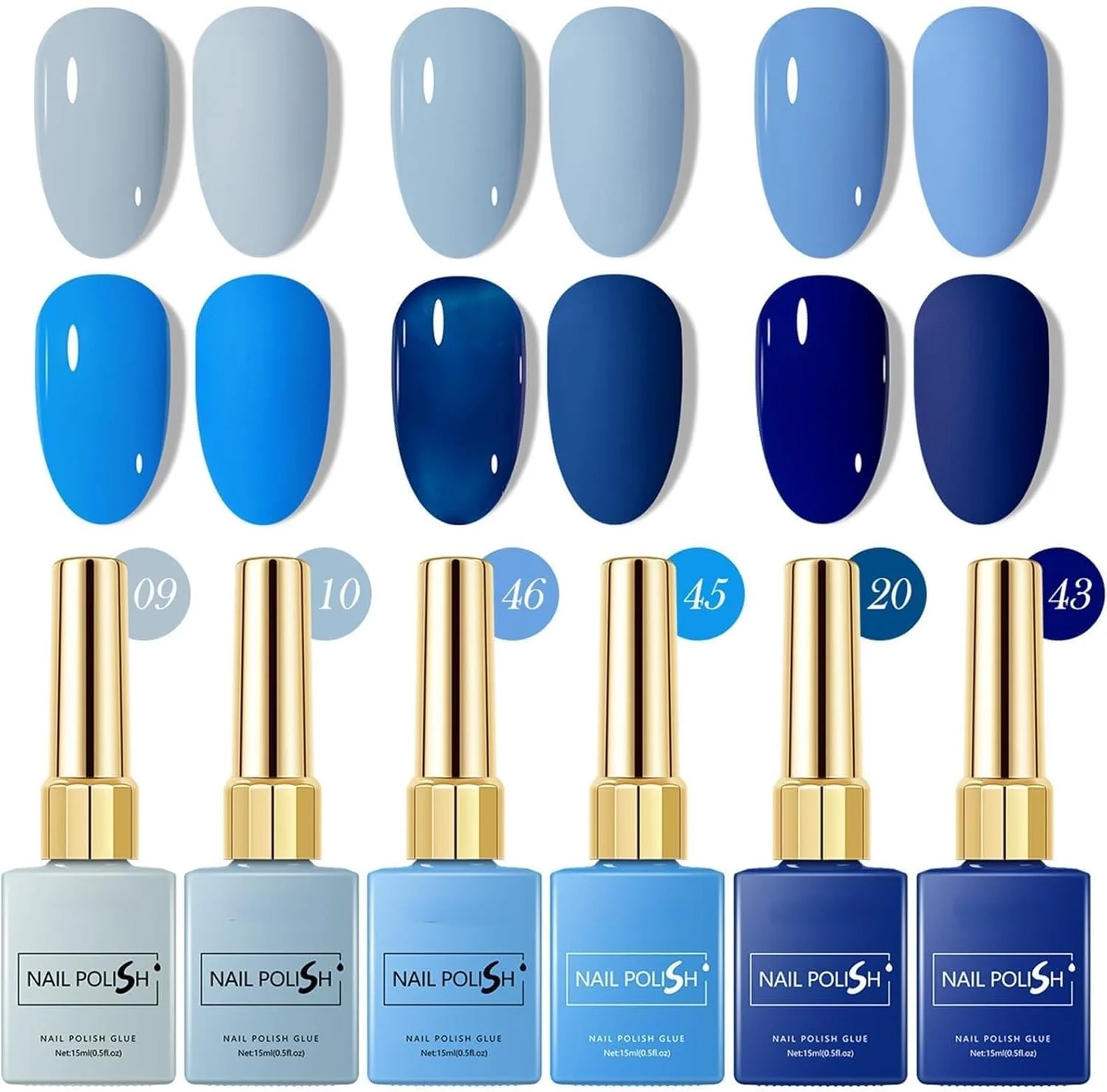 مجموعه لاک ژل ۶ عددی آبی آزونی – ۶ رنگ (آبی آسمانی، سرمه ای، آبی تیره، آبی روشن)، مناسب برای مانیکور سالنی و طراحی ناخن، مناسب برای استفاده در منزل برای خانم ها