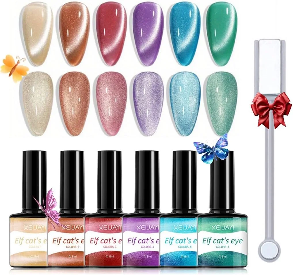 ست لاک ژل چشم گربه ای Gmaro با آهنربا، لاک ژل مغناطیسی هولوگرافیک 9 بعدی - 6 رنگ لاک ژل اکلیلی چشم گربه ای - ست مانیکور ژلیش ناخن برای خانم ها، لاک ژل نئون