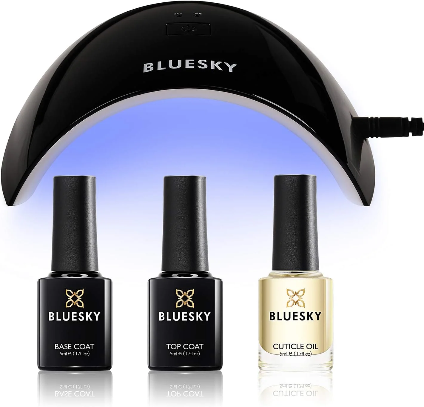 ست شروع لاک ژل بلوزکی با دستگاه UV LED حرفه ای 24 وات، ست تاپ و بیس کت 5 میلی لیتر، روغن کوتیکول 5 میلی لیتر