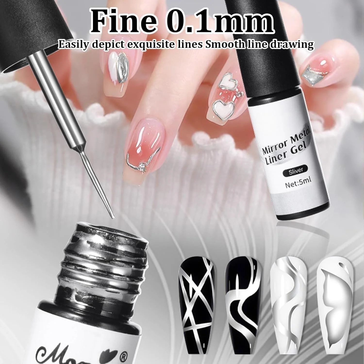 ست لاک ژل متالیک آزونه، 3 عددی، لاک ژل کروم، اکلیلی رز نقره ای طلایی، دارای برس ظریف، برای طراحی ناخن فرانسوی