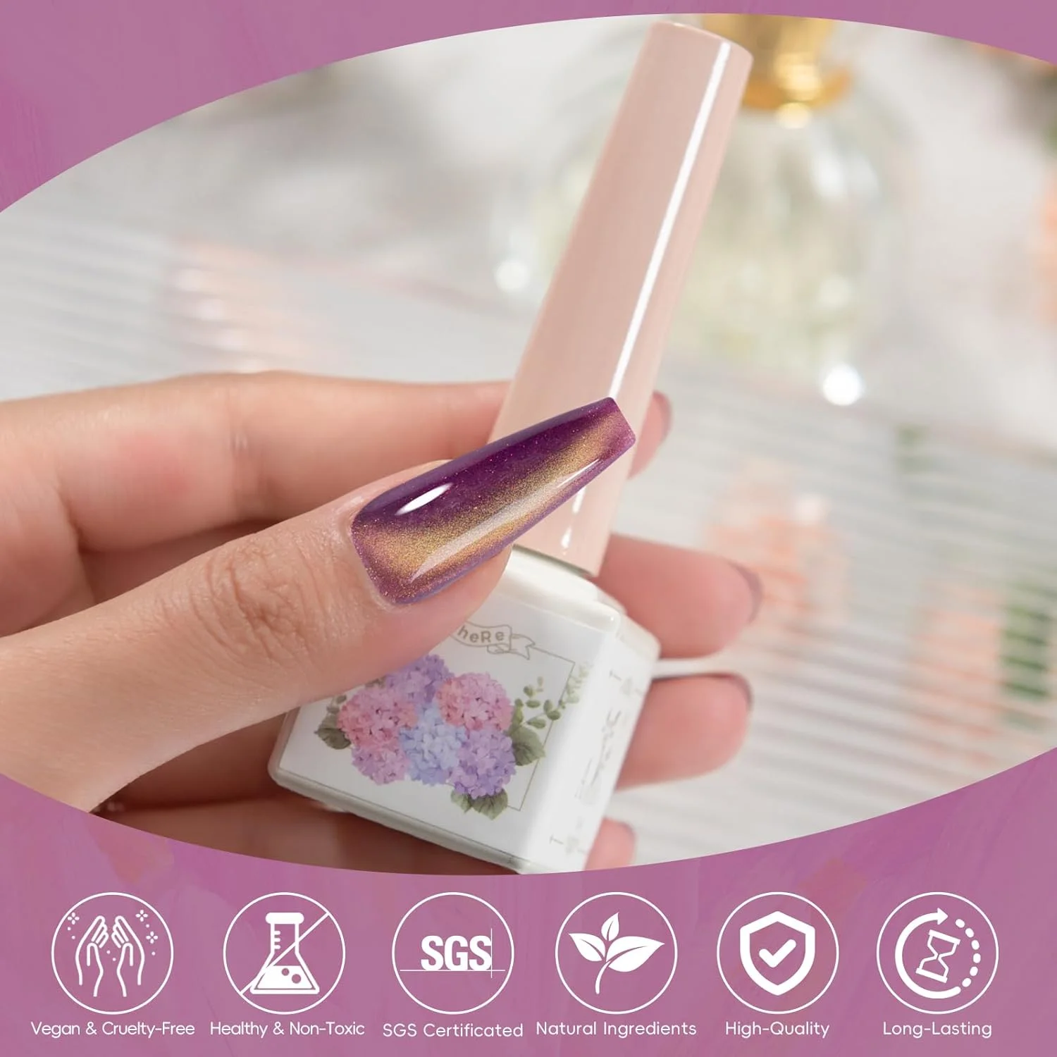 مجموعه لاک ژل چشم گربه ای 5 عددی Adhere - رنگ های بژ، یاسی روشن، آبی، و نود، لاک ژل مغناطیسی چشم گربه ای، لاک مغناطیسی، لاک ژل خیساندنی برای مانیکور و سالن ناخن