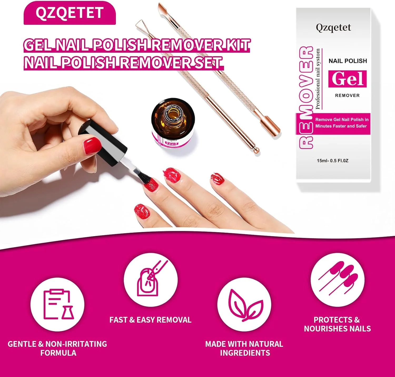 محلول پاک کننده لاک ژل - پاک کننده سریع و جادویی لاک ناخن، پاک کننده سریع ژل ناخن - بدون خیساندن، بدون پیچیدن، پاکسازی آسان 2-5 دقیقه ای با کیت عقب زن کوتیکول (15 میلی لیتر)