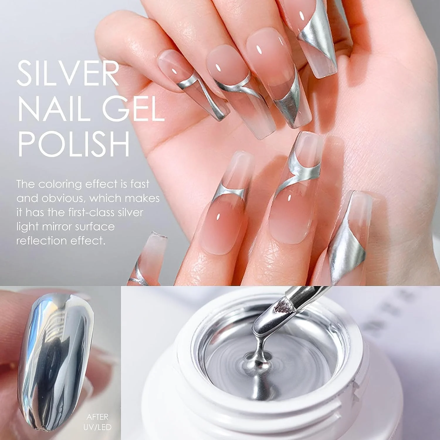 ژل طراحی ناخن متالیک، لاک ژل نقره ای ناخن، روکش آینه ای ناخن، ژل طراحی فلزی، ژل ناخن سوپر براق UV/LED برای طراحی ناخن با لاک ژل، نقره ای