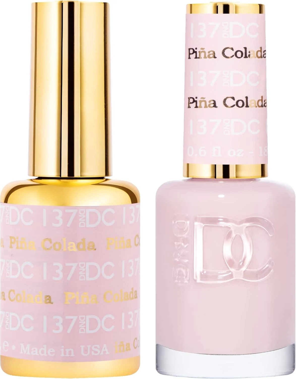 ست لاک ژل و لاک ناخن همرنگ DND DC، مجموعه صورتی، لاک ژل UV/LED و لاک ناخن خشک شونده در هوا، ست دوتایی لاک بدون تراشه، 137 پینا کولادا، 15 میلی لیتر ست لاک ژل و لاک ناخن همرنگ DND DC، مجموعه صورتی، لاک ژل UV/LED و لاک ناخن خشک شونده در هوا، ست دوتایی لاک بدون تراشه، 137 پینا کولادا، 15 میلی لیتر