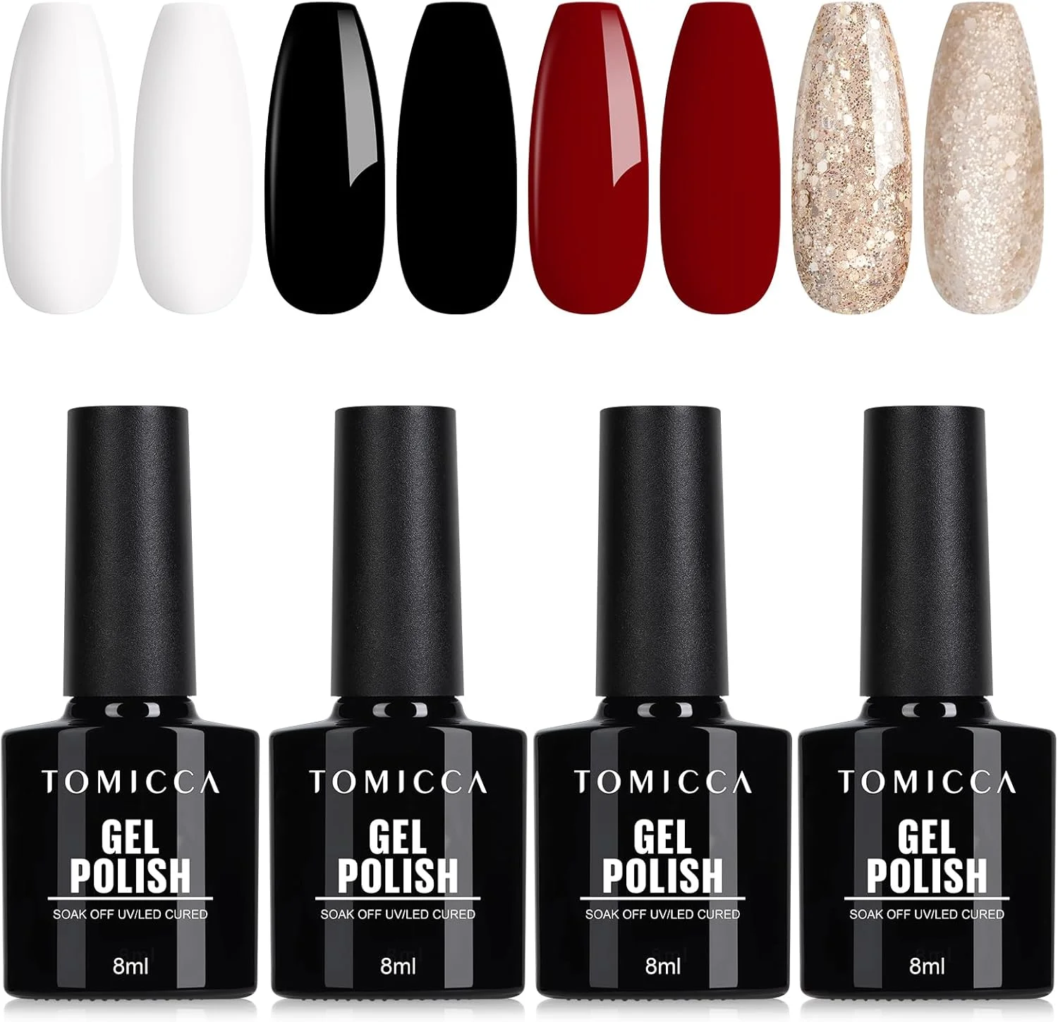 ست لاک ژل TOMICCA - ۴ عدد لاک ژل مشکی، سفید، قرمز به سبک فرانسوی، لاک ژل UV LED برای خانم ها و دختران - طراحی ناخن خیره کننده با استفاده آسان ۸ میلی لیتر ست لاک ژل TOMICCA - ۴ عدد لاک ژل مشکی، سفید، قرمز به سبک فرانسوی، لاک ژل UV LED برای خانم ها و دختران - طراحی ناخن خیره کننده با استفاده آسان ۸ میلی لیتر