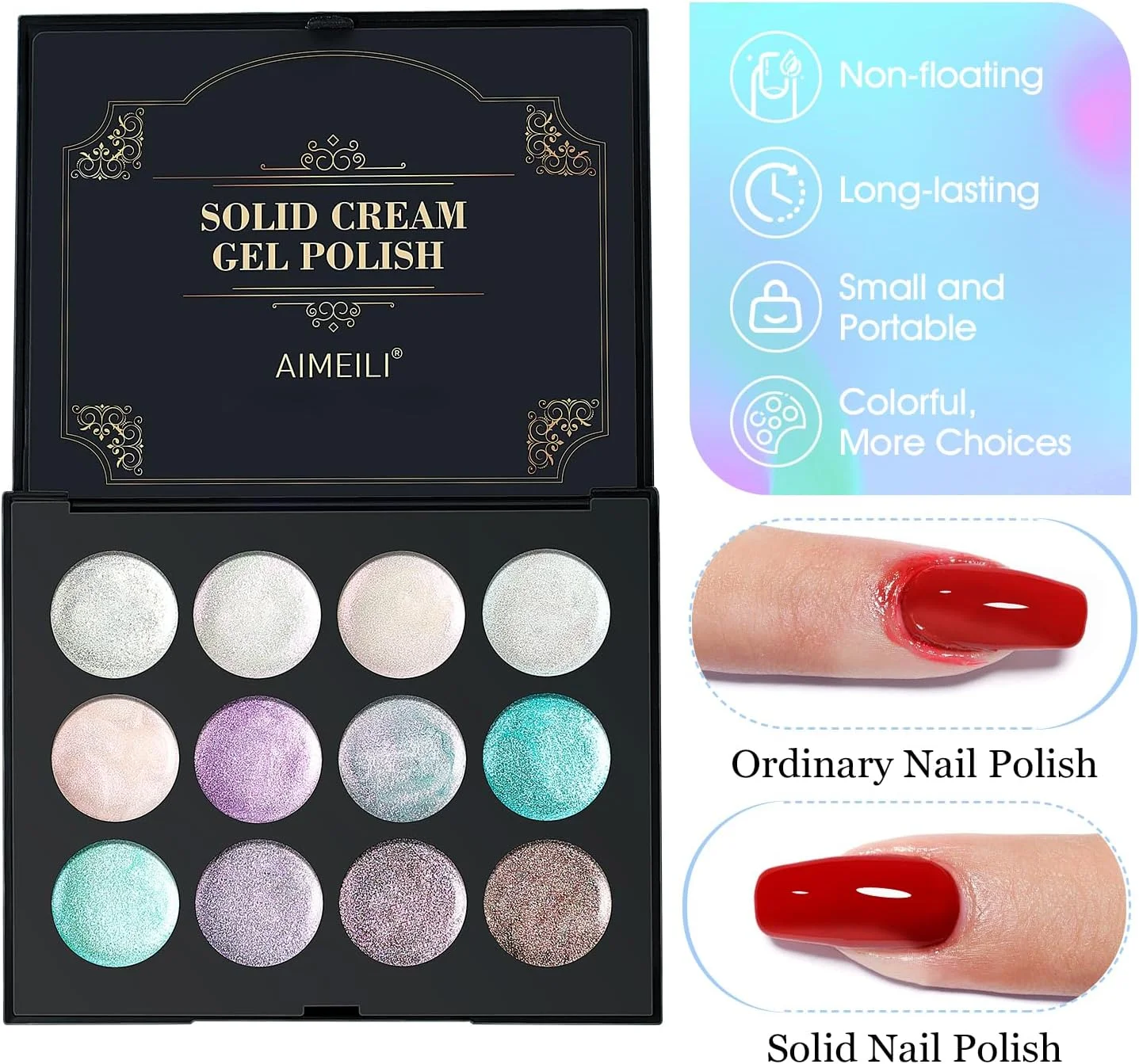 پالت لاک ژل جامد اکلیلی 12 رنگ AIMEILI با لامپ UV - ست لاک ژل کرمی 14 پالت لاک ژل جامد اکلیلی 12 رنگ AIMEILI با لامپ UV - ست لاک ژل کرمی 14